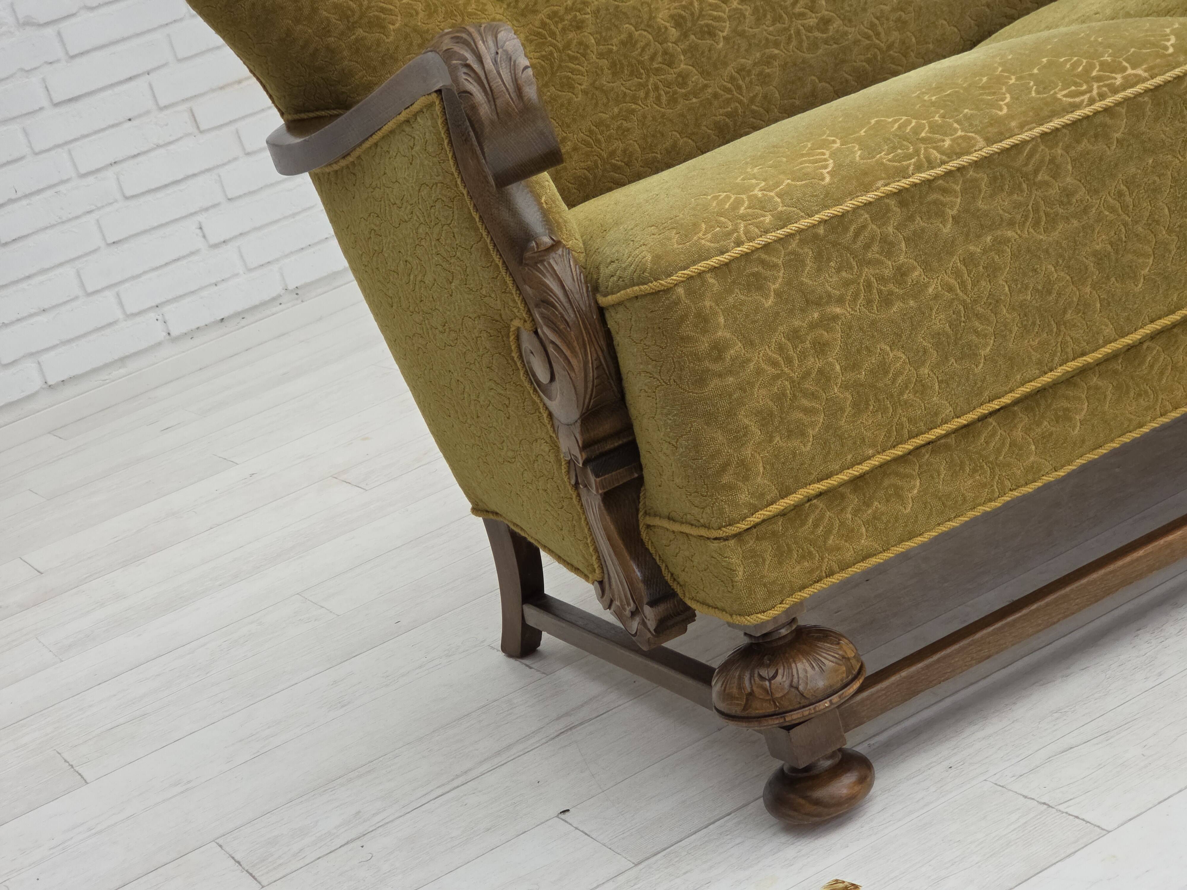 1960s, 3-seater Danish sofa, cotton/wool furniture fabric, solid oak wood.