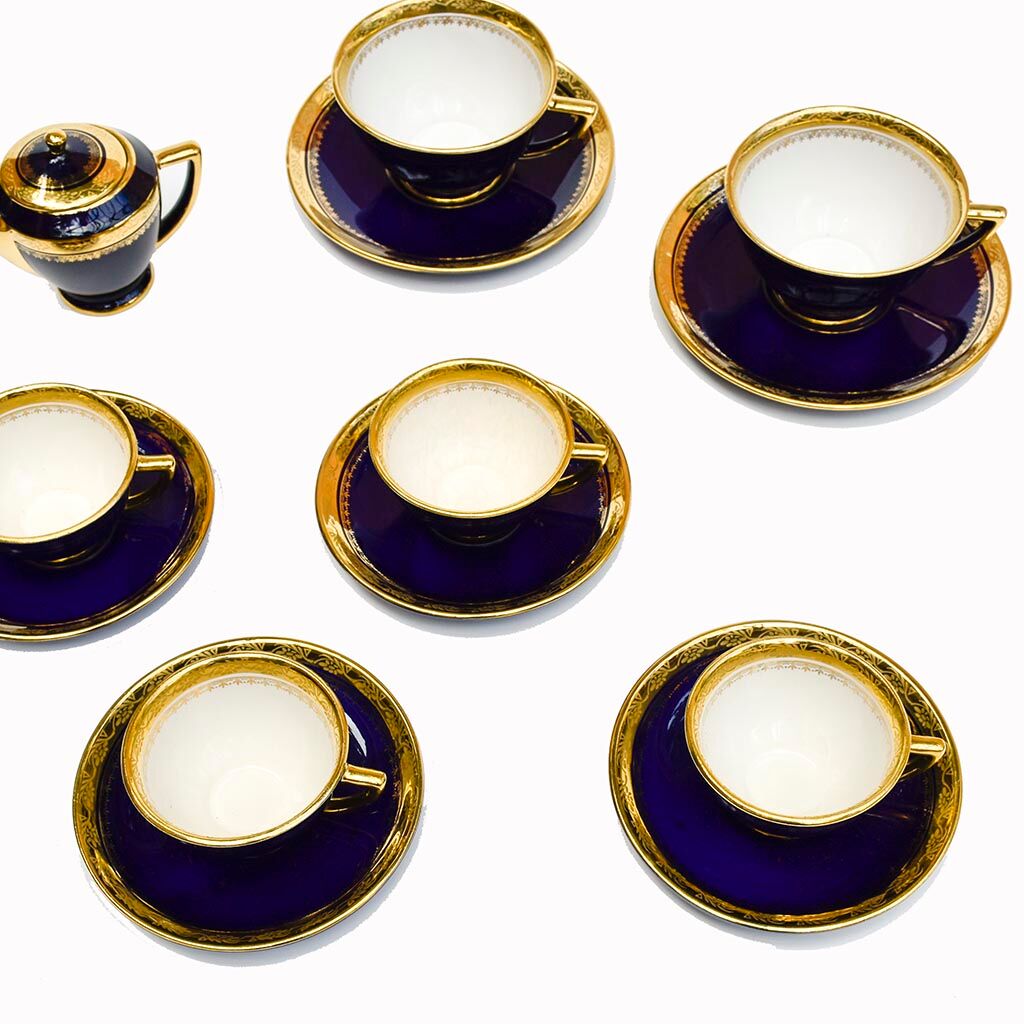 Coffee service Kréma Lafitte Asnières porcelain gold blue ⋆ Brocante Chic