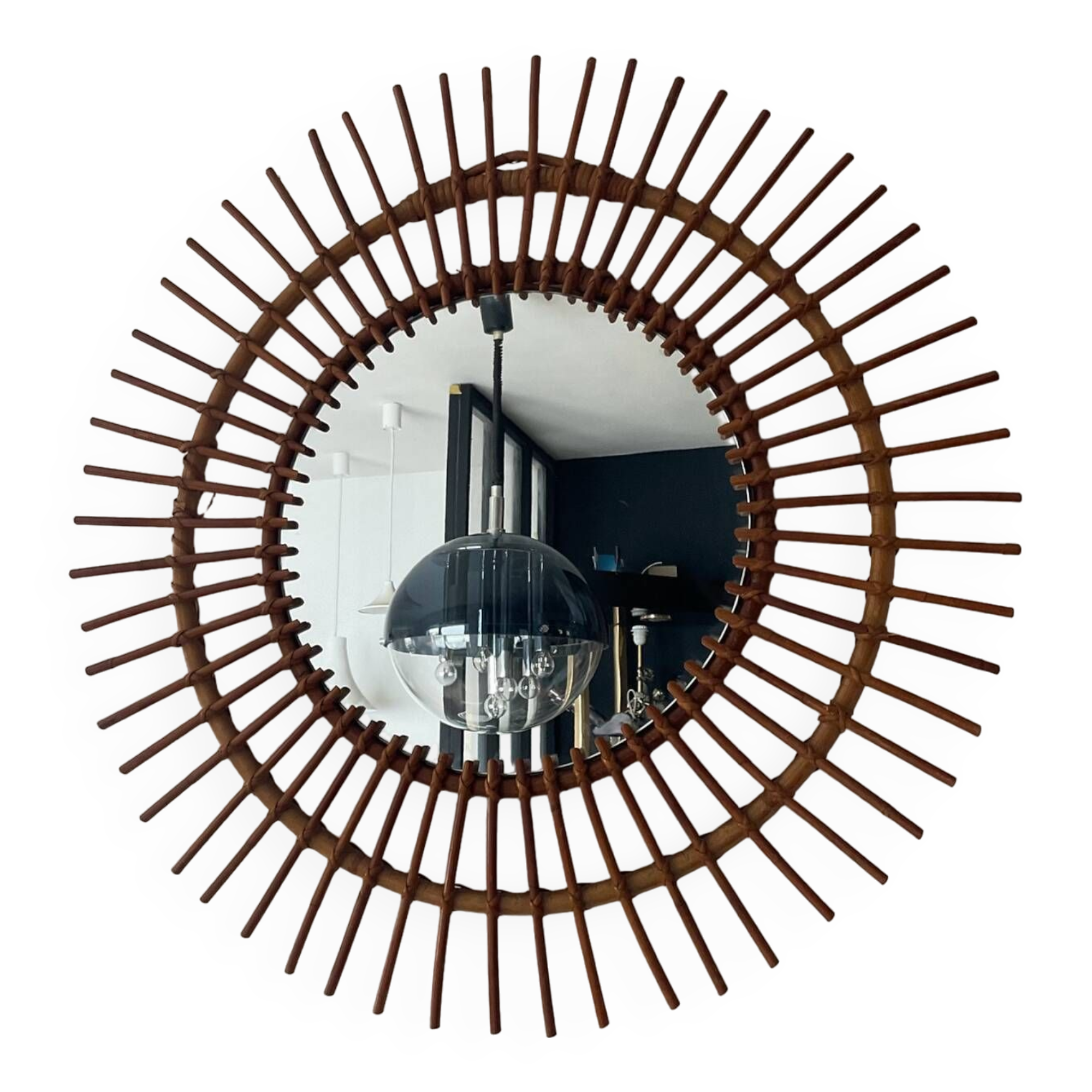 Miroir soleil en rotin 70cm des années 50-60