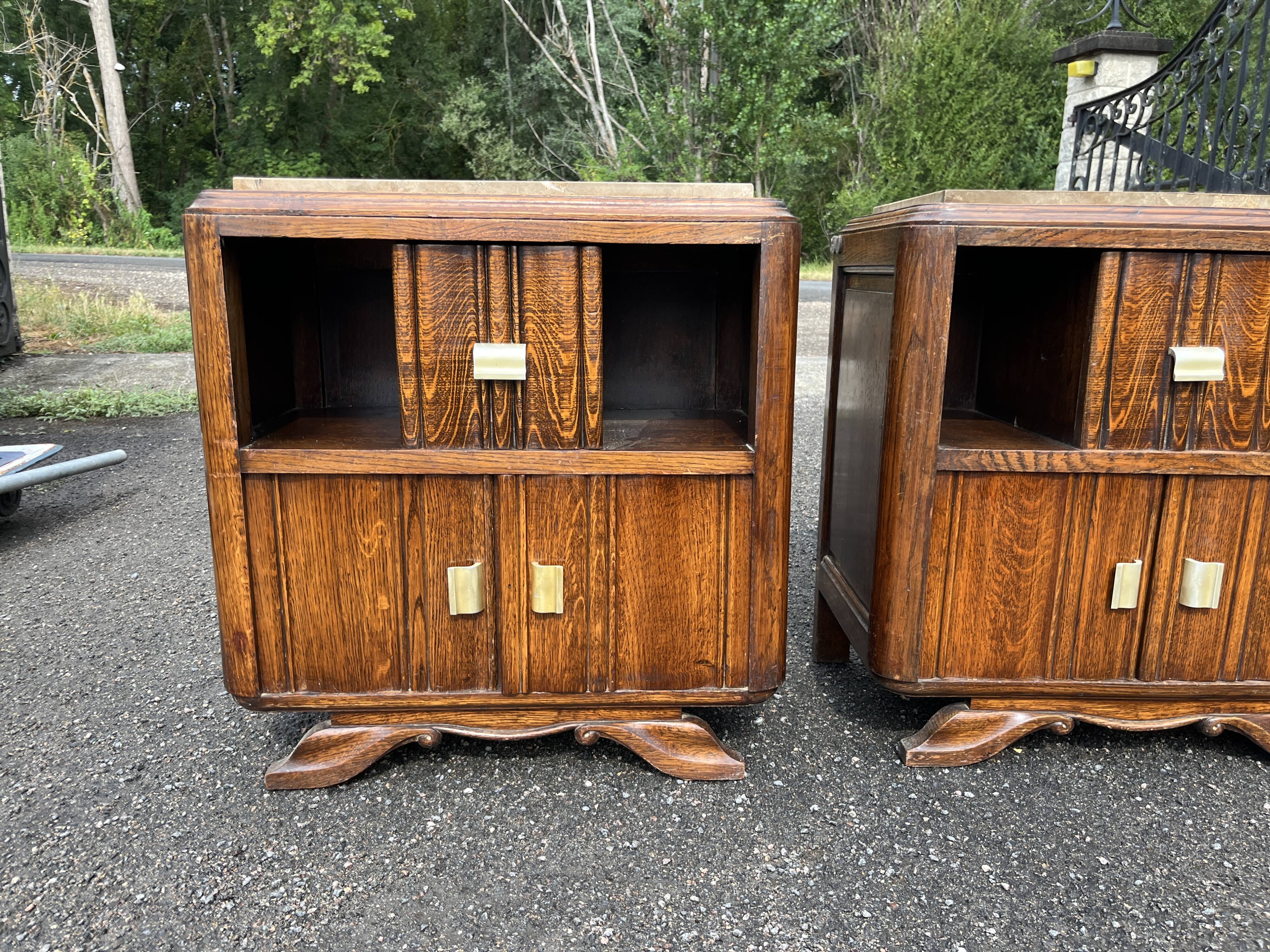 Pair of antique oak bedside tables - Art Deco style with tops