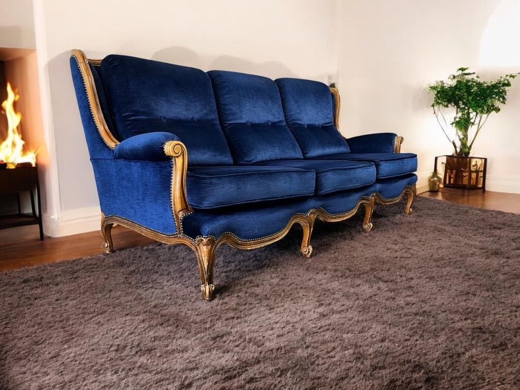 Vintage blue baroque sofa / three-seater / armchair