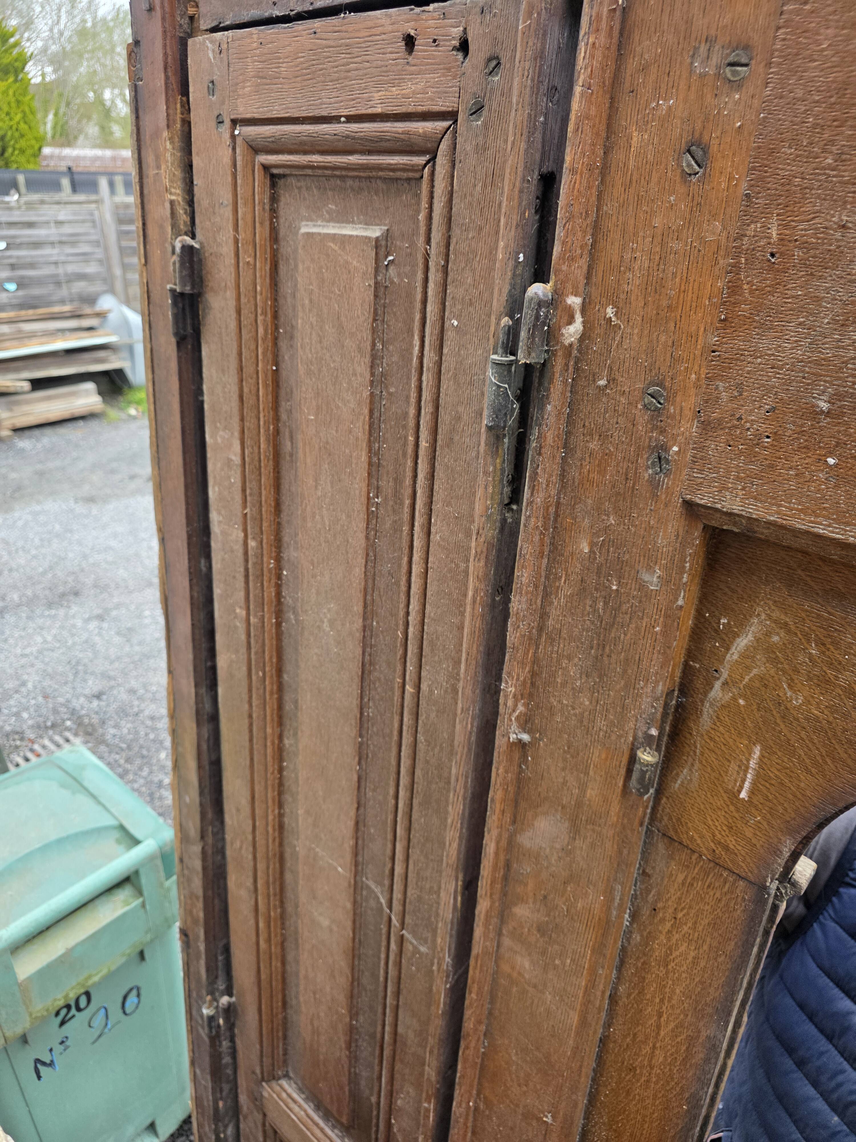 19th-century solid oak entrance door with three openings, including frame.