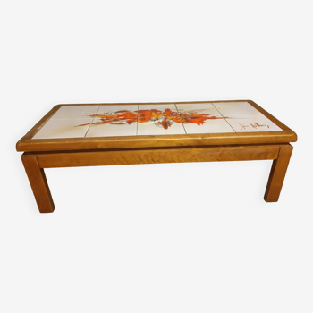 Vintage elm and ceramic coffee table 70's