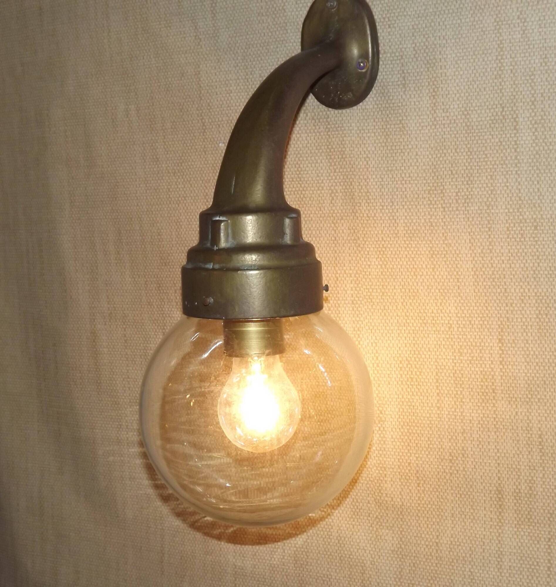 Old French Heavy Cast Bronze Marine Nautical Wall Light Glass Ball Shade 5101