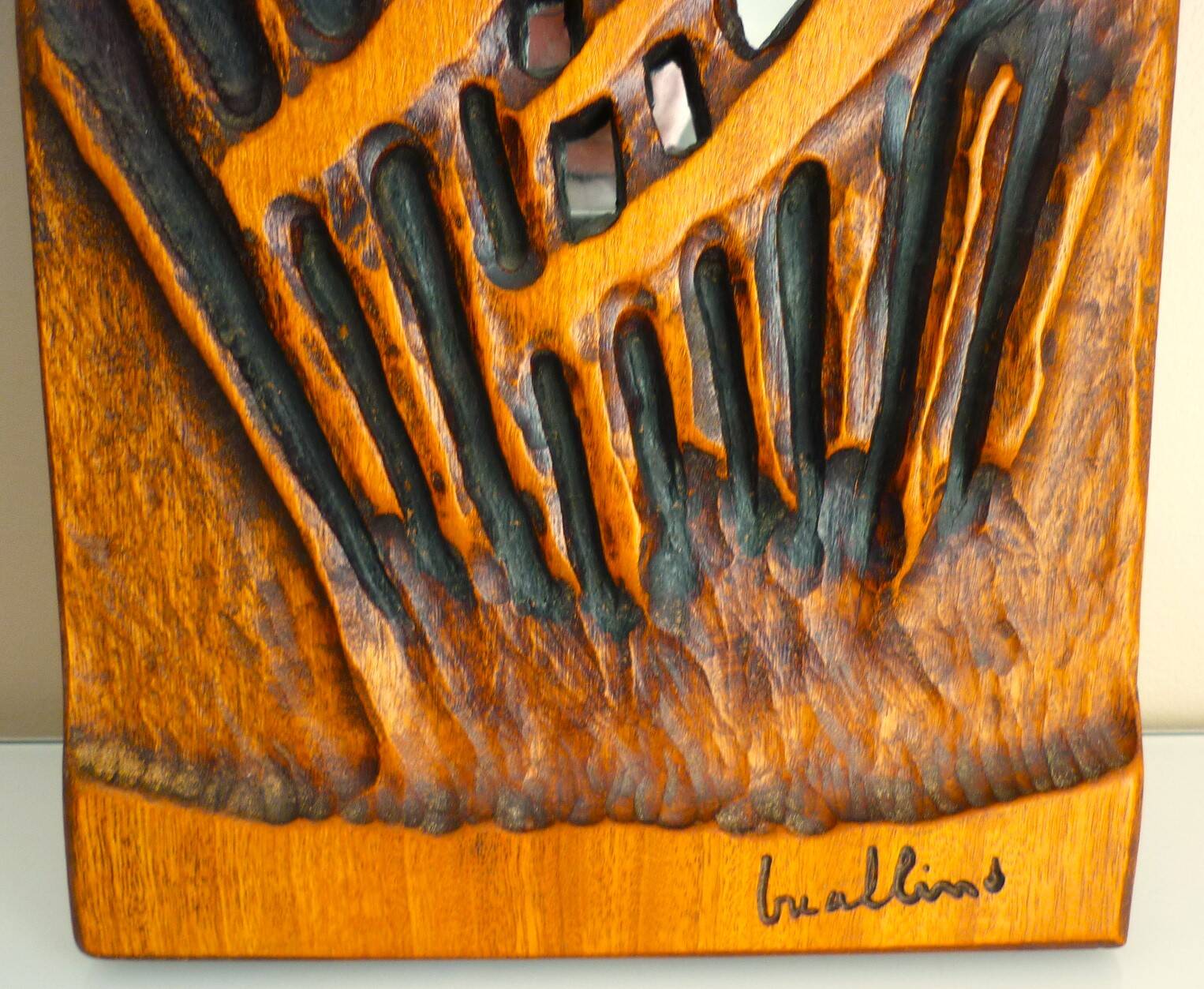 Carved wooden mirror, signed P. Guallino, "le passage", brutalist design from the 80s