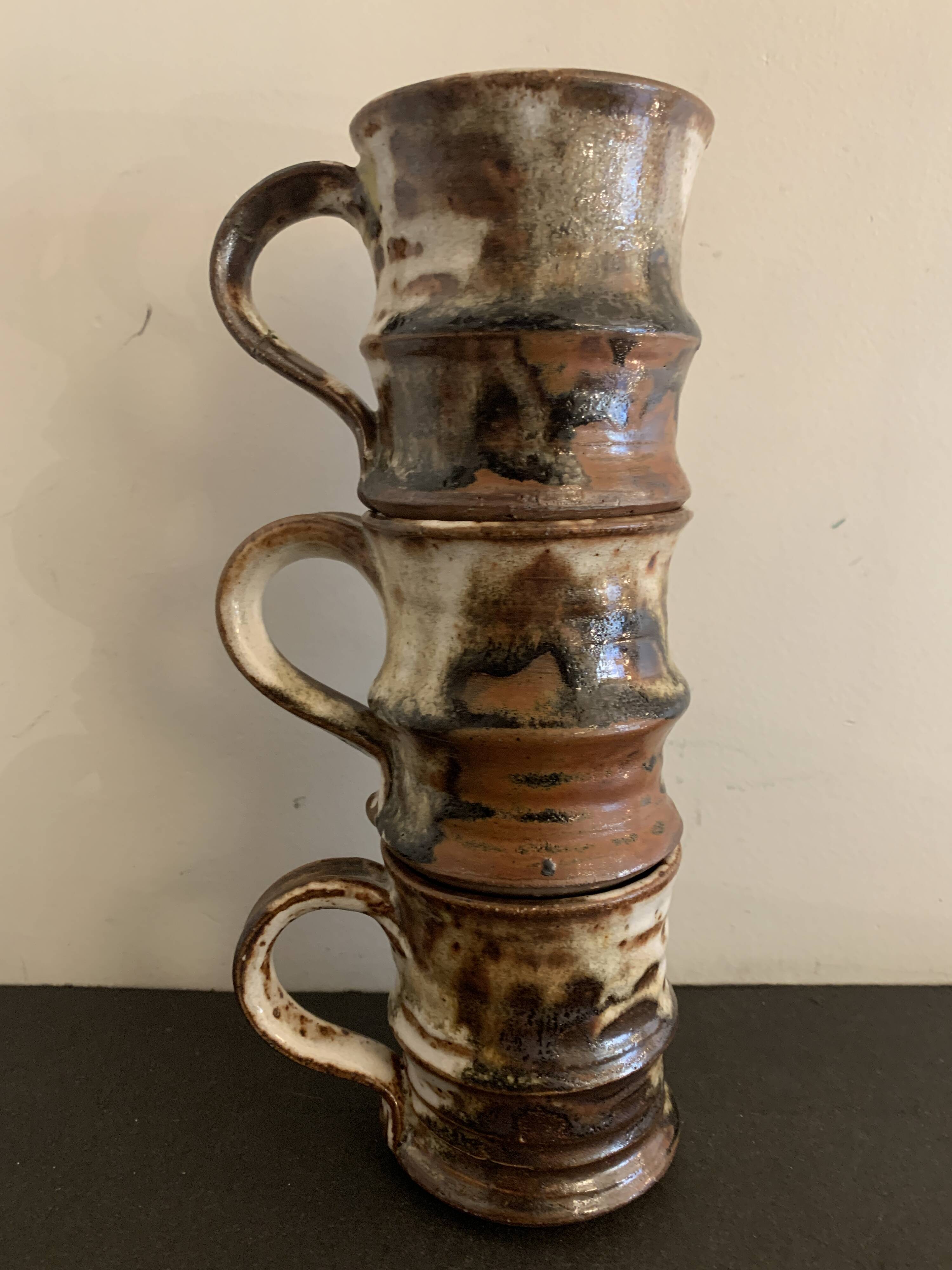 Set of 3 Danish Waldorff cups and 3 saucers in glazed stoneware