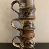 Set of 3 Danish Waldorff cups and 3 saucers in glazed stoneware