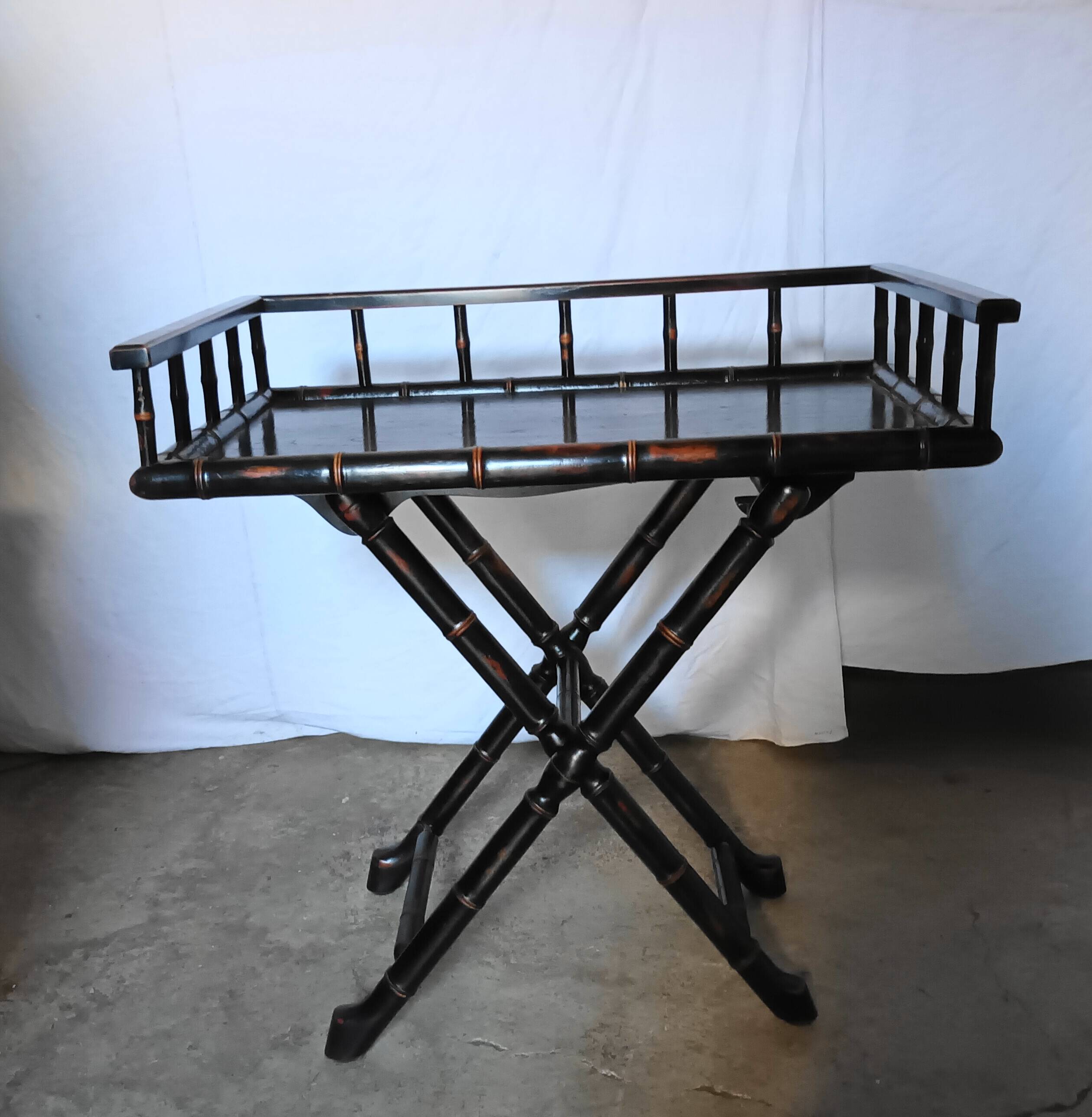 Foldable desk table in blackened wood and carved bamboo style, 1950s