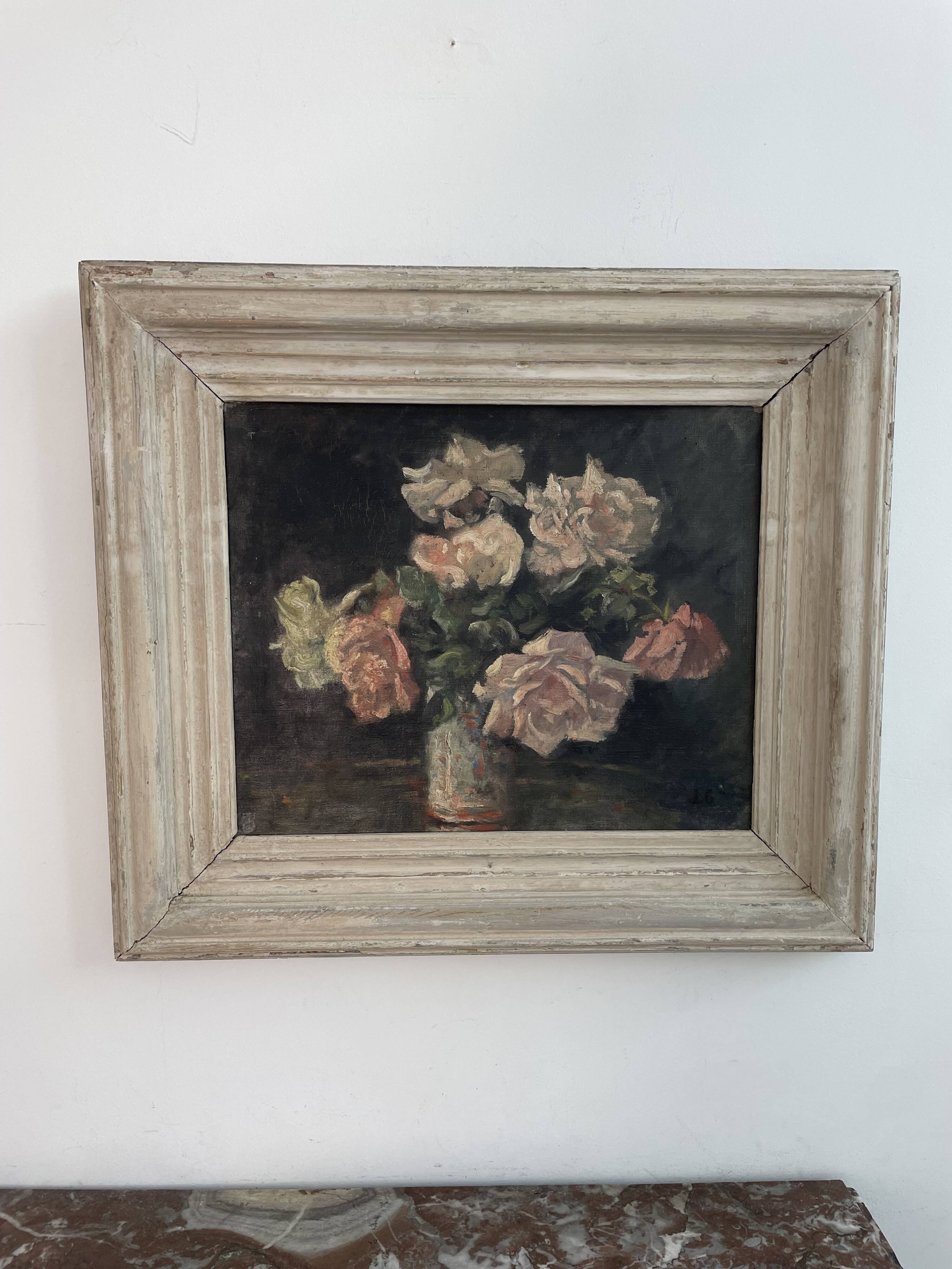 Peinture à l'huile sur toile, nature morte aux fleurs, bouquet, école française, début XXème, cadre