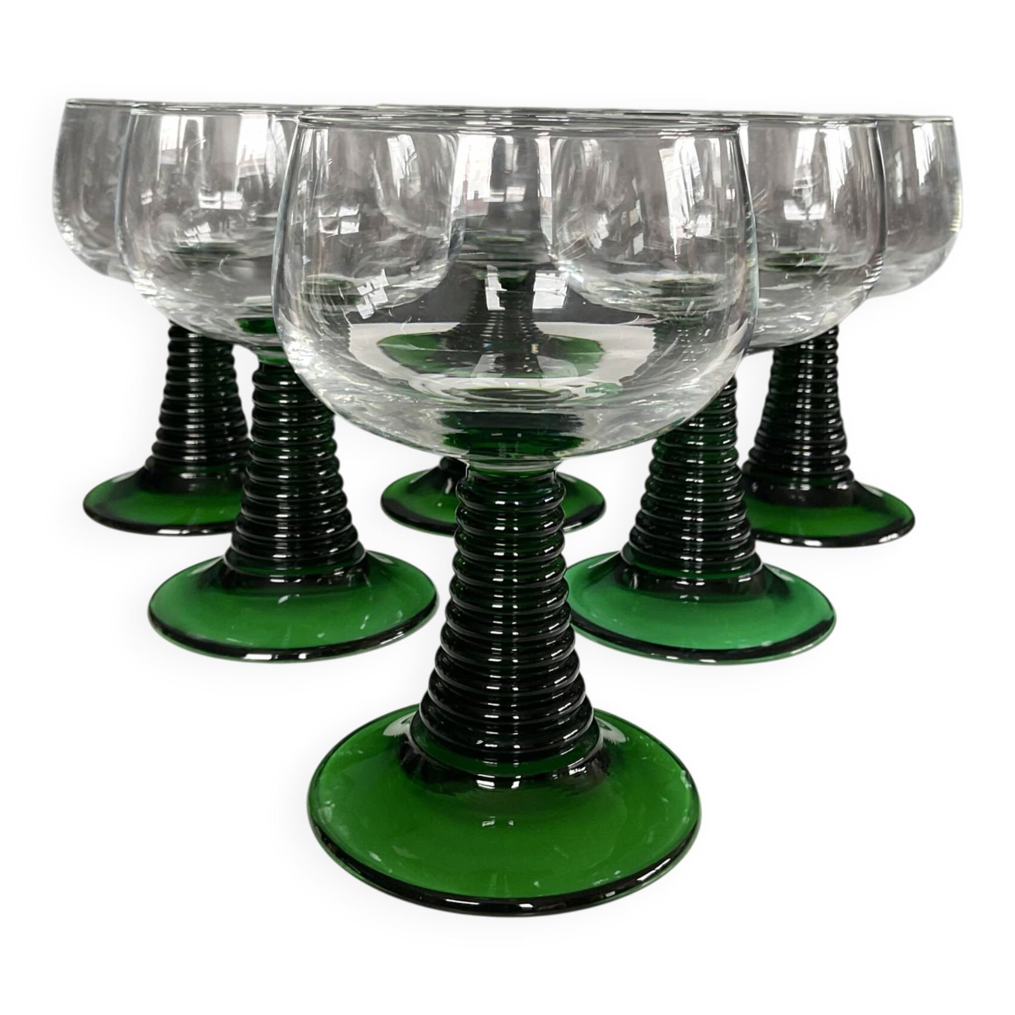 Série de 6 verres à vin vintage à pied spiral vert