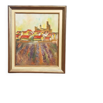 Huile sur toile – Village provençal et champ de lavande – Fin XXe siècle