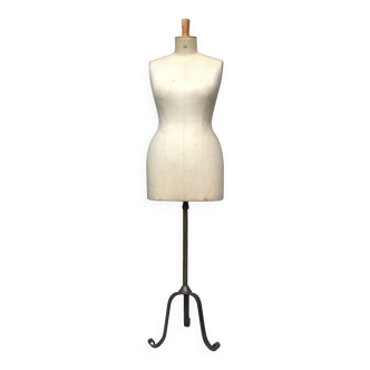 Antique female mannequin bust on wrought iron stand