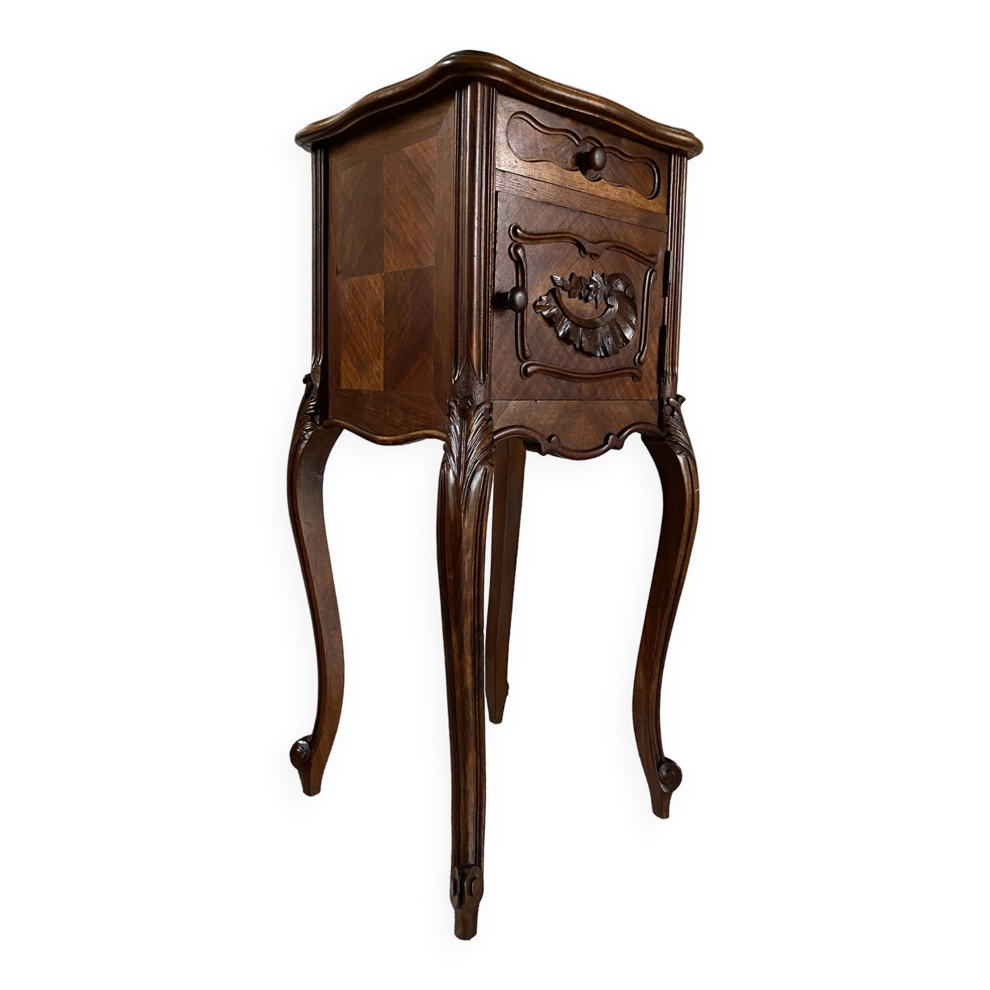 Bedside table / bedside table in veneered wood, molded and carved with foliage Louis XV style