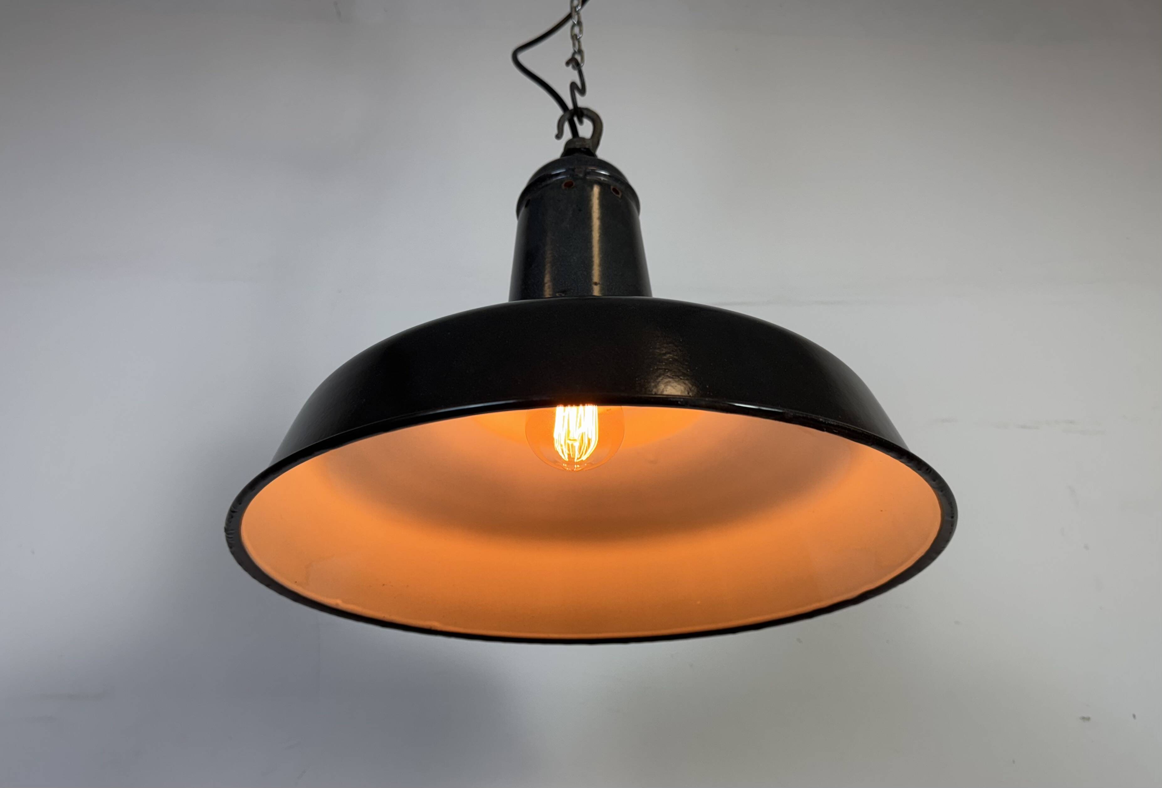 Industrial French Dark Grey Enamel Factory Pendant Lamp, 1960s