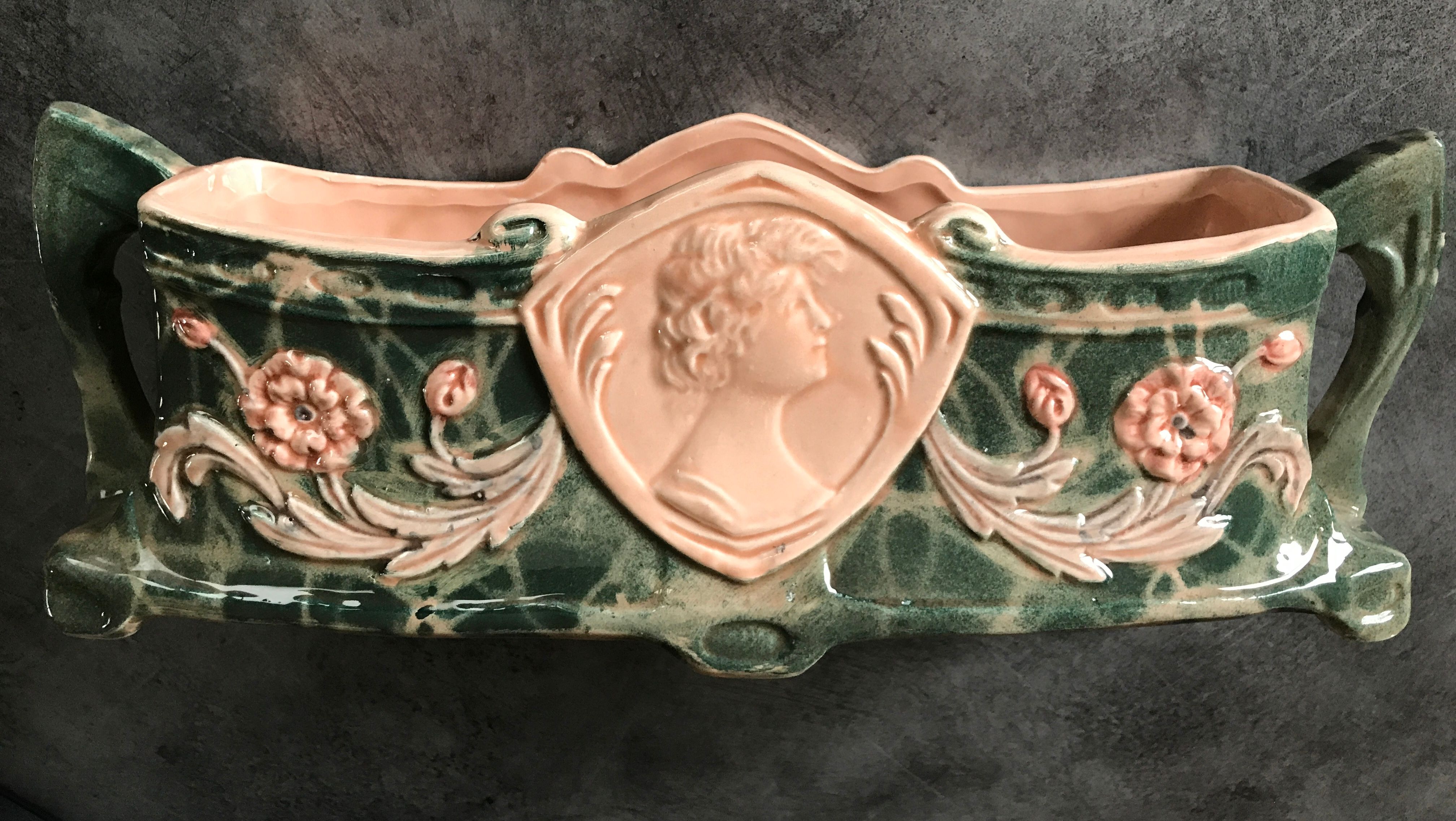 Jardinière with ceramic handles enameled vintage polychrome paint 39.5 cm