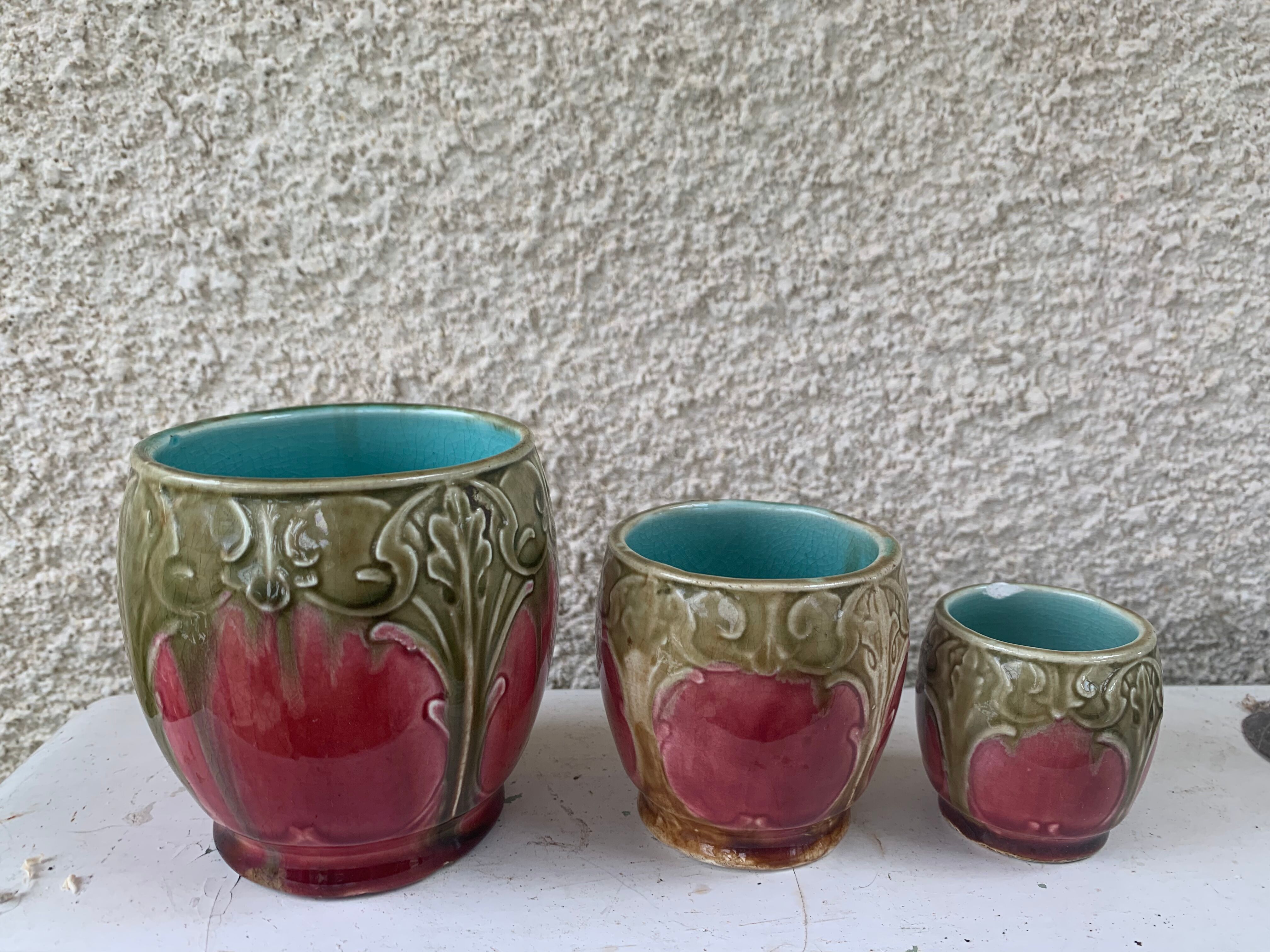 Set of art nouveau slurry consisting of a large dish and 3 small collector's jars