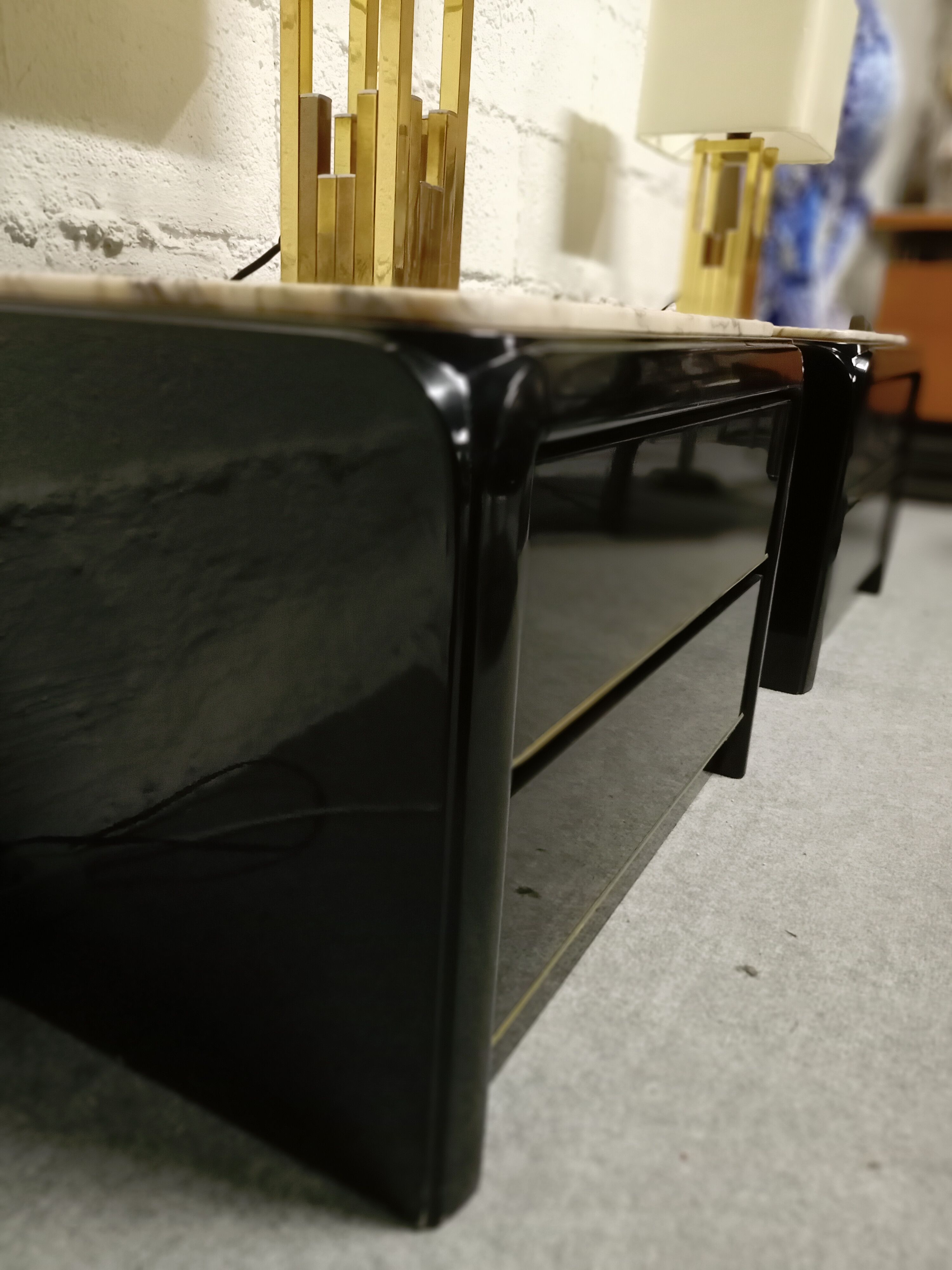 Pair of lacquered and marble bedside tables