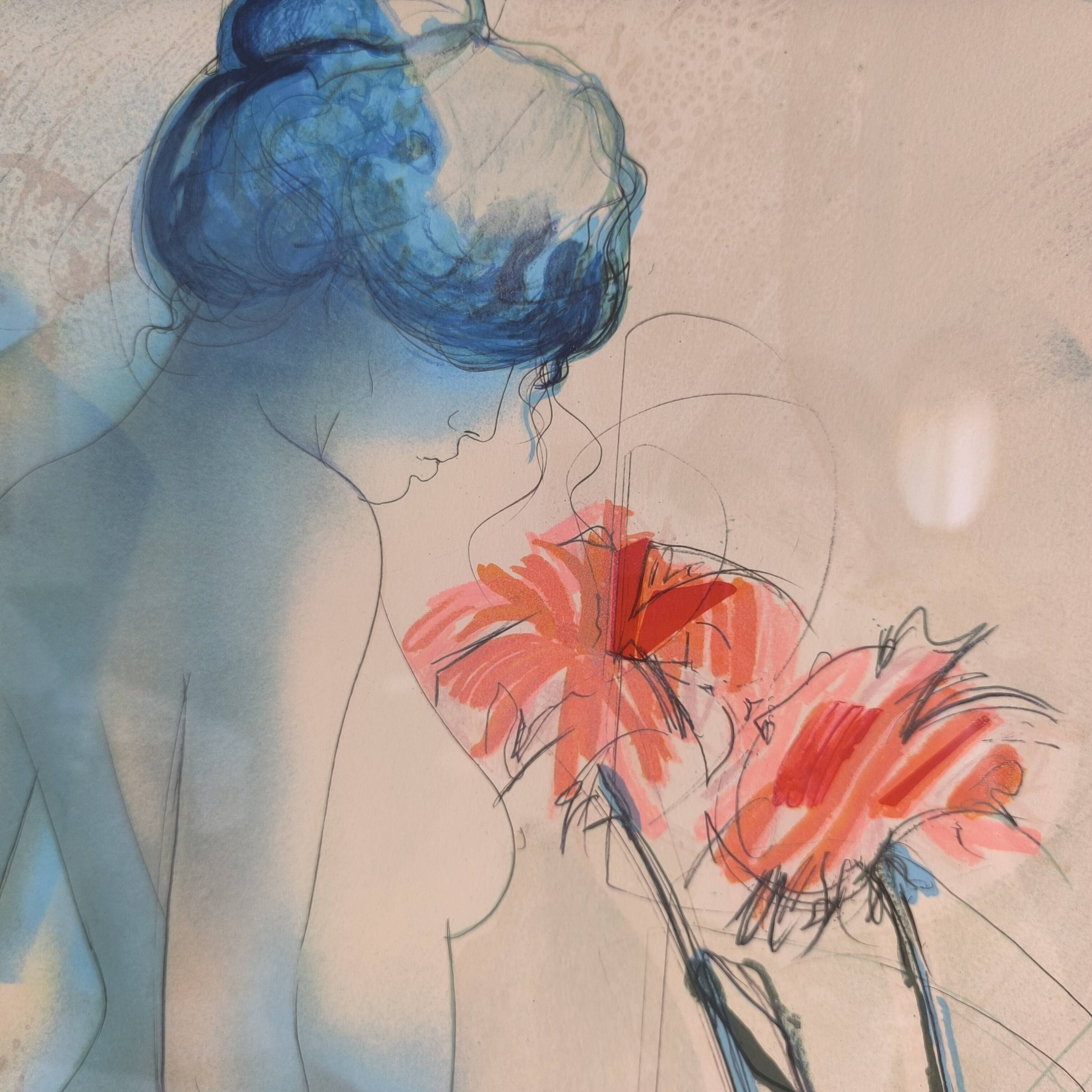 Original signed lithograph ‘’Nude with Dahlias’’ by Jean Baptiste Valadié