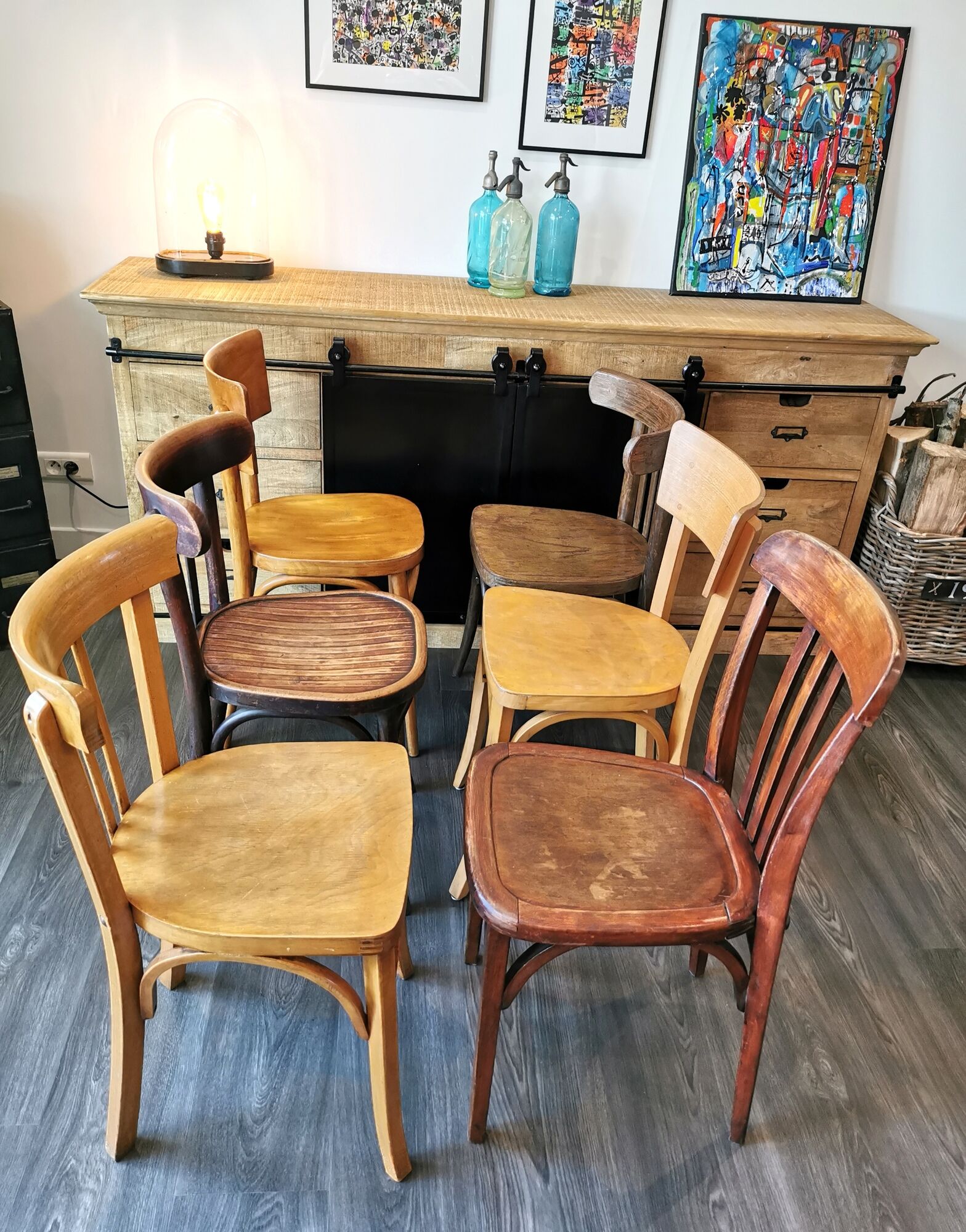 Baumann Stella and Luterma series of 6 mismatched bistro chairs