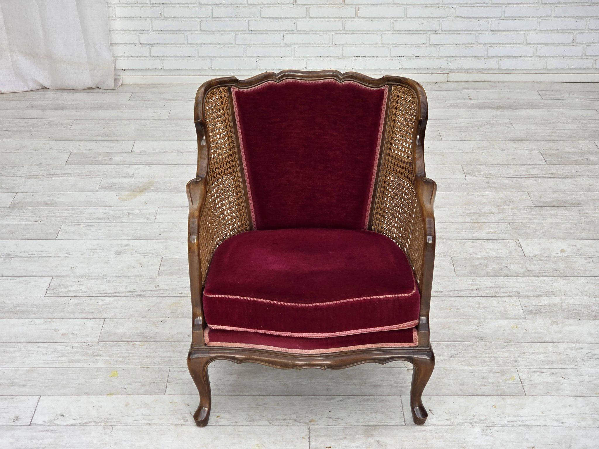 1950s, Danish armchair, furniture velour, ash wood,, mesh.