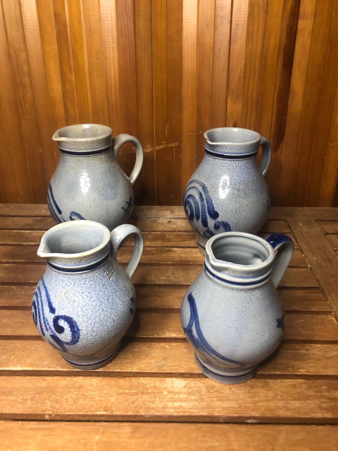 Set of 4 blue ceramic pitchers 25 & 50cl vintage