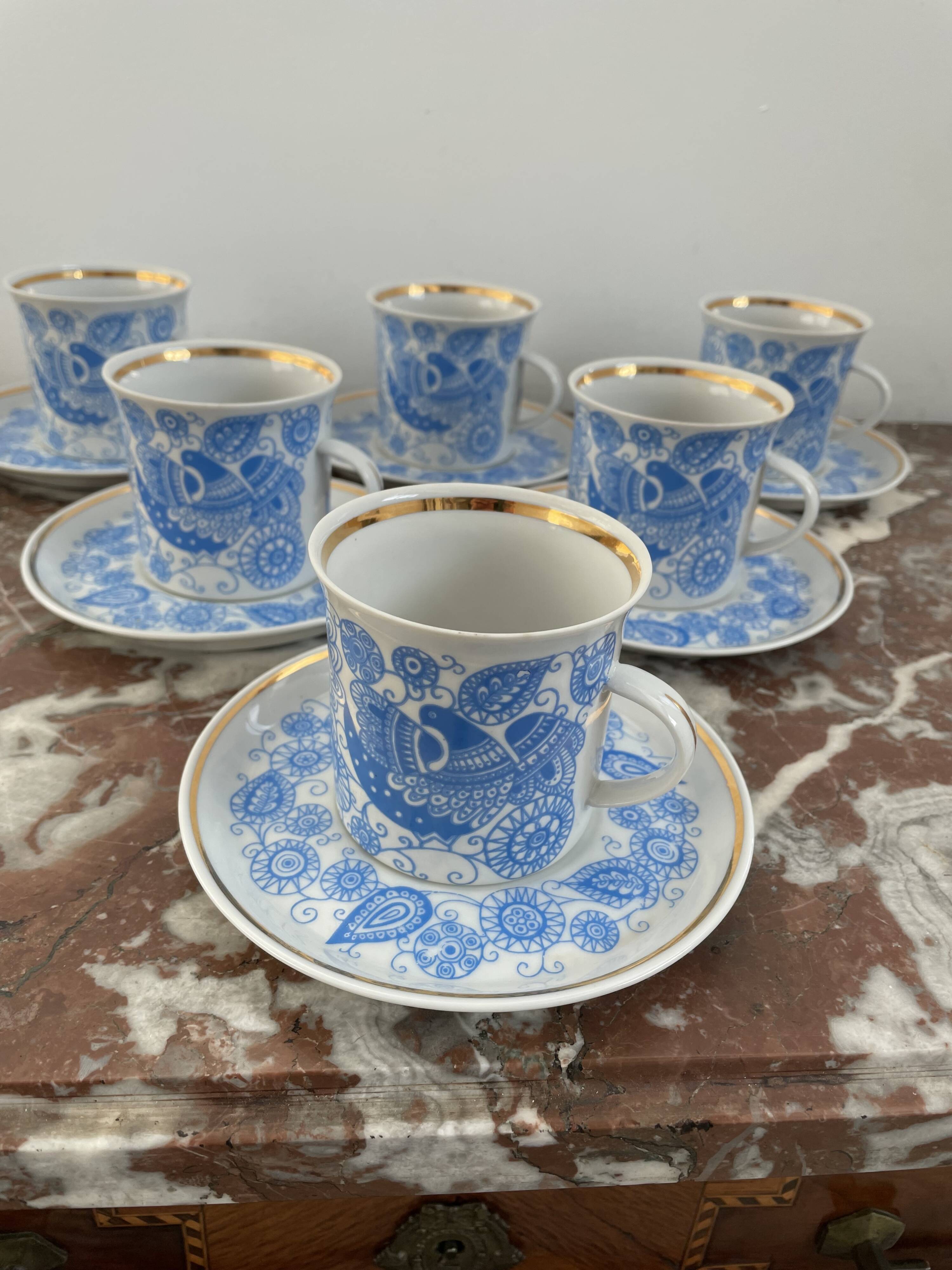 Coffee and tea set, vintage, stylized bird decor, retro, design, blue