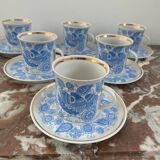 Coffee and tea set, vintage, stylized bird decor, retro, design, blue