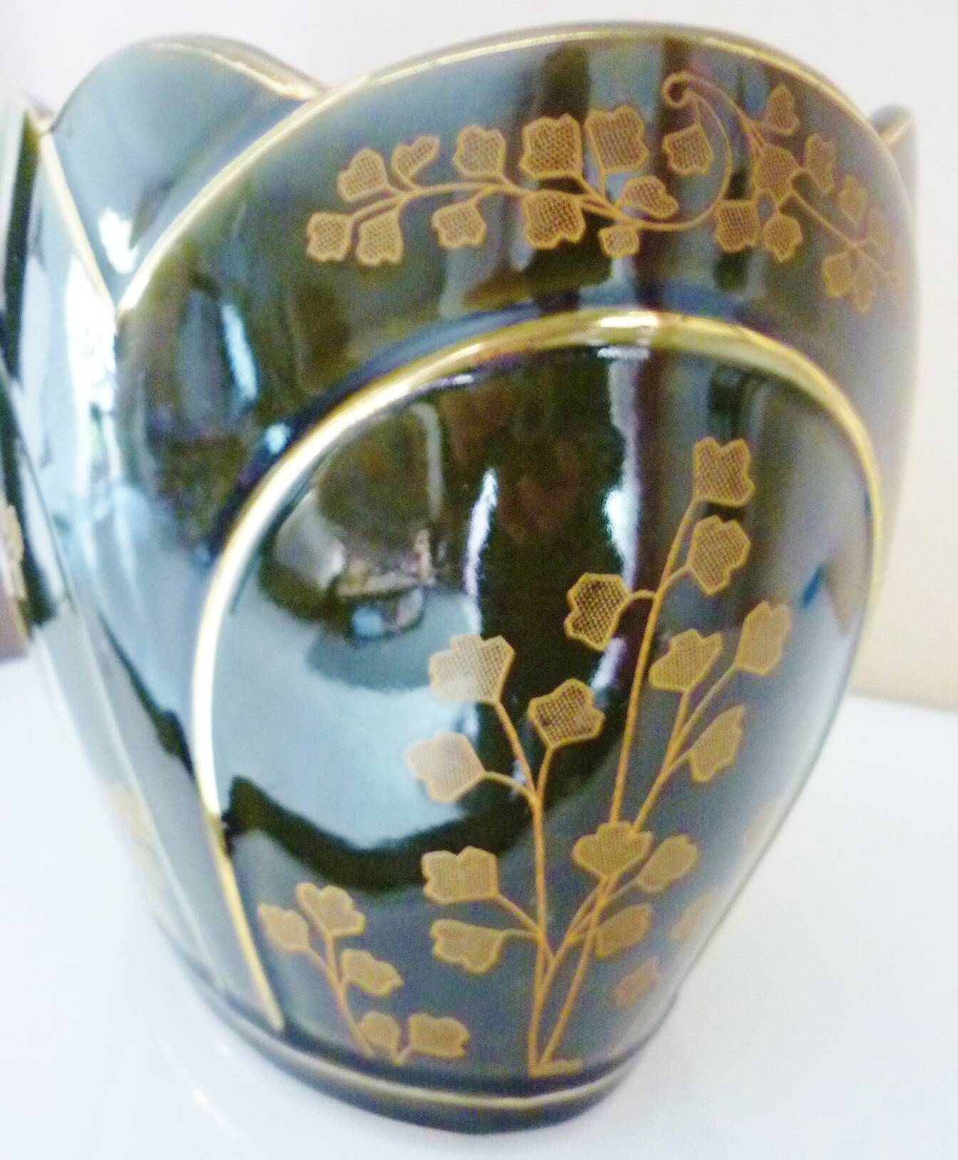 Planter, art nouveau, iris, enameled ceramic, signed Gustave De Bruyn, Fives-Lille