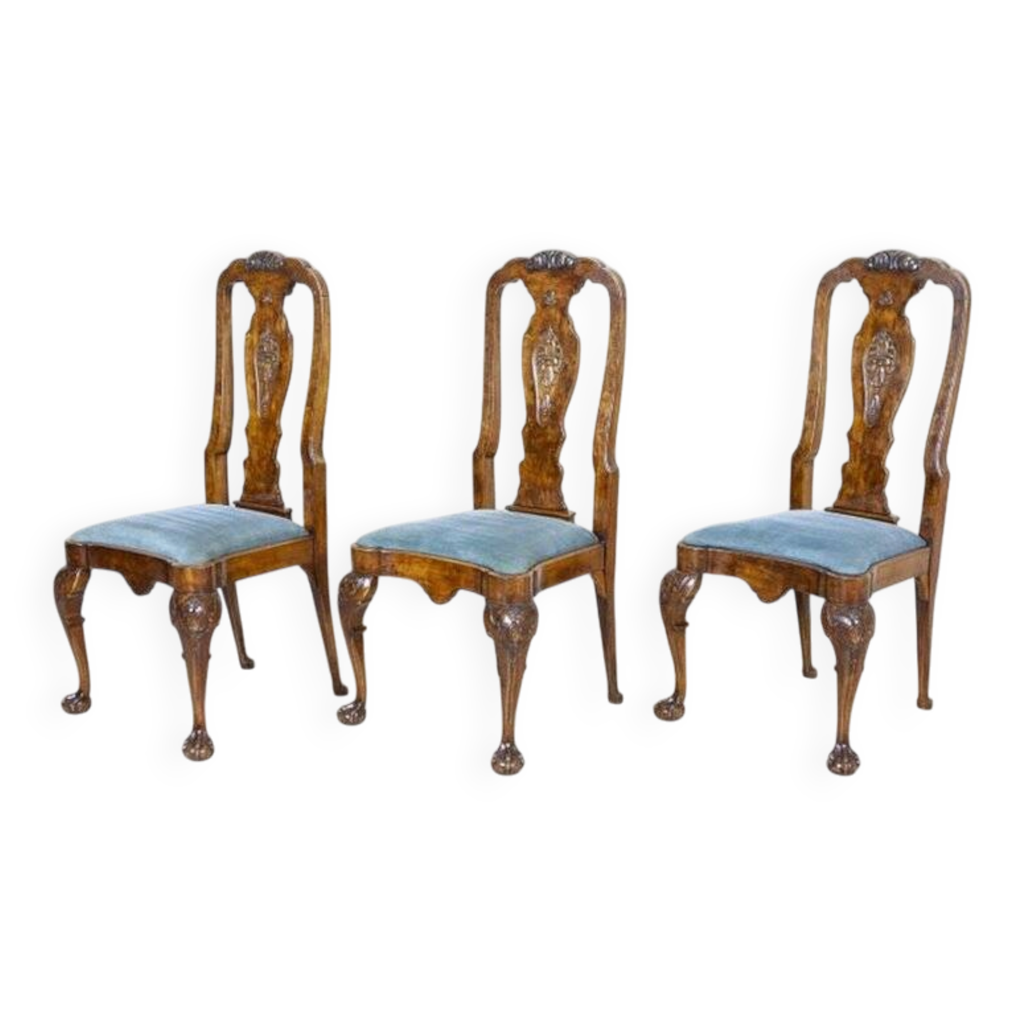 Vintage English Walnut Chairs, 1920s, Set of 3