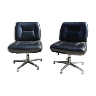 Pair of black leather office armchairs, 1970