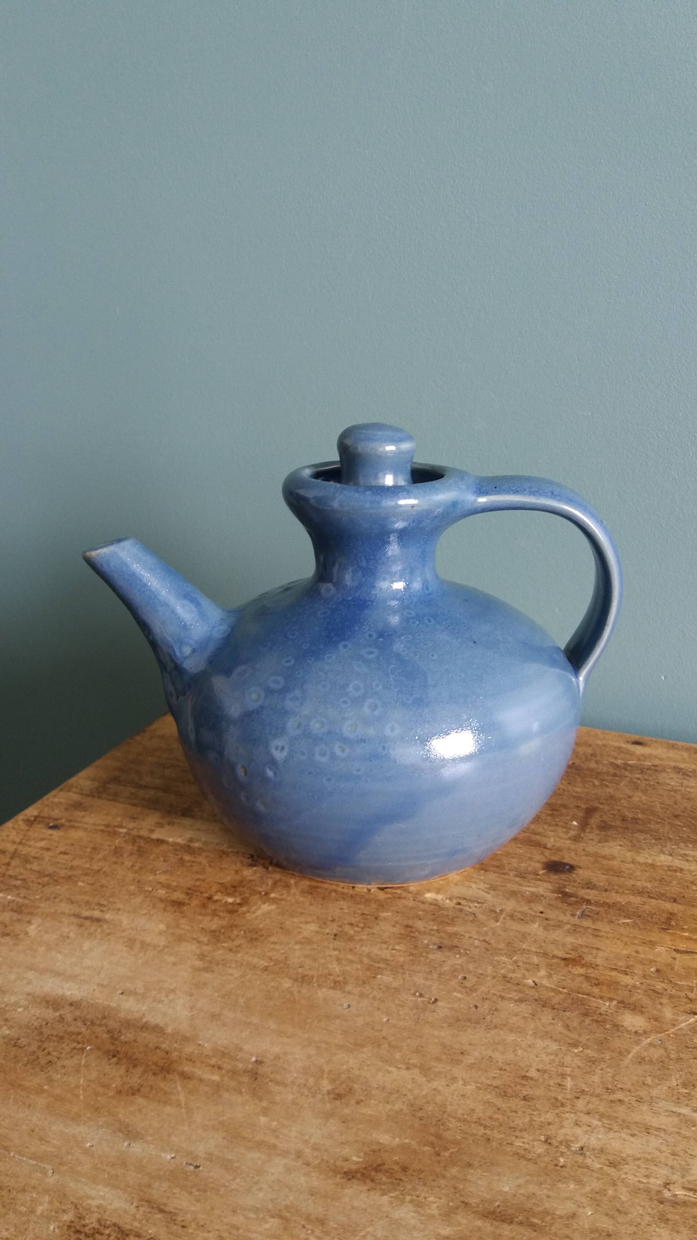 Blue glazed ceramic teapot signed