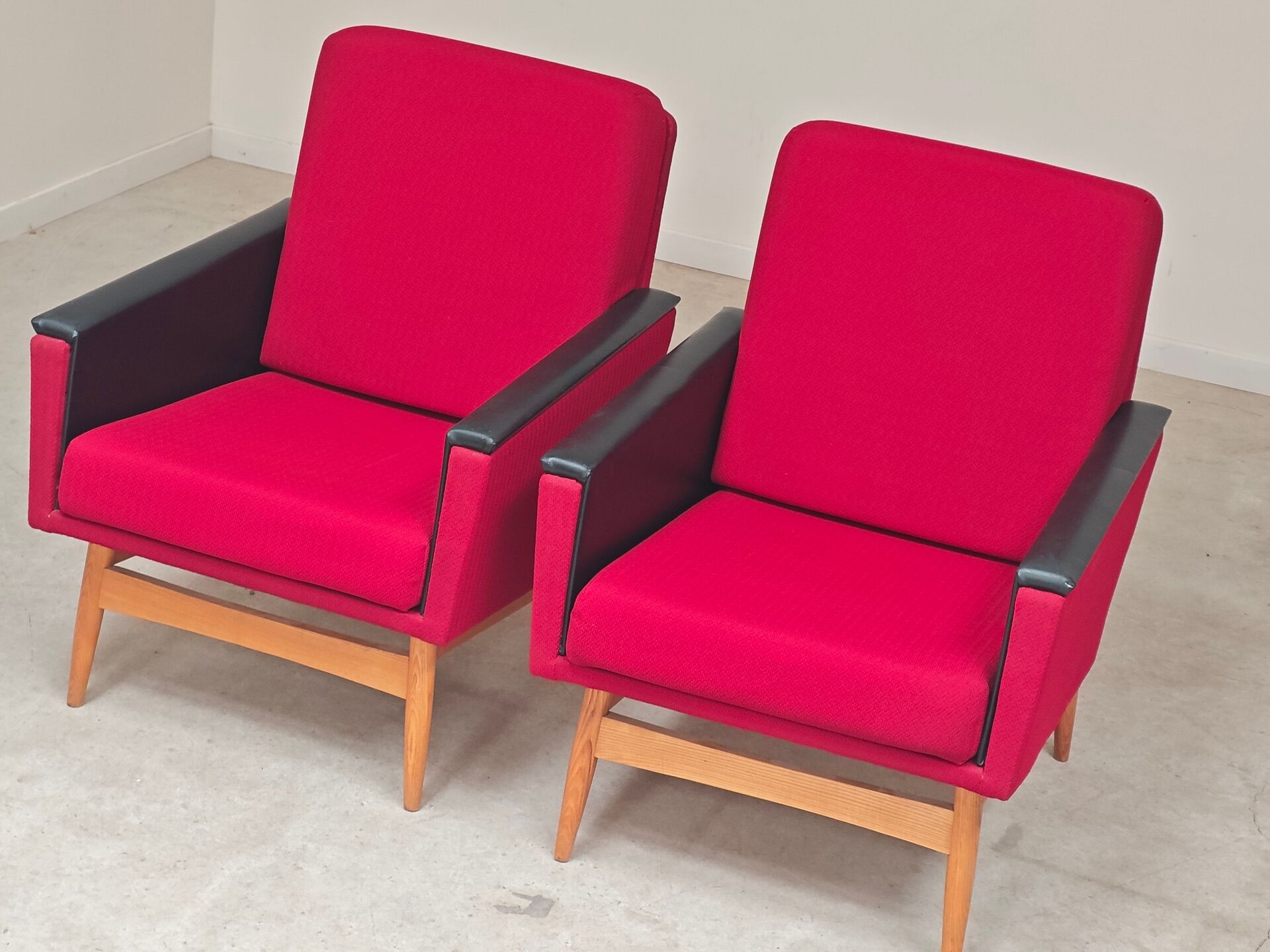 Pair of Drevotex Zamberk armchairs, red fabric and faux leather 1970