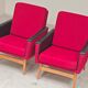 Pair of Drevotex Zamberk armchairs, red fabric and faux leather 1970