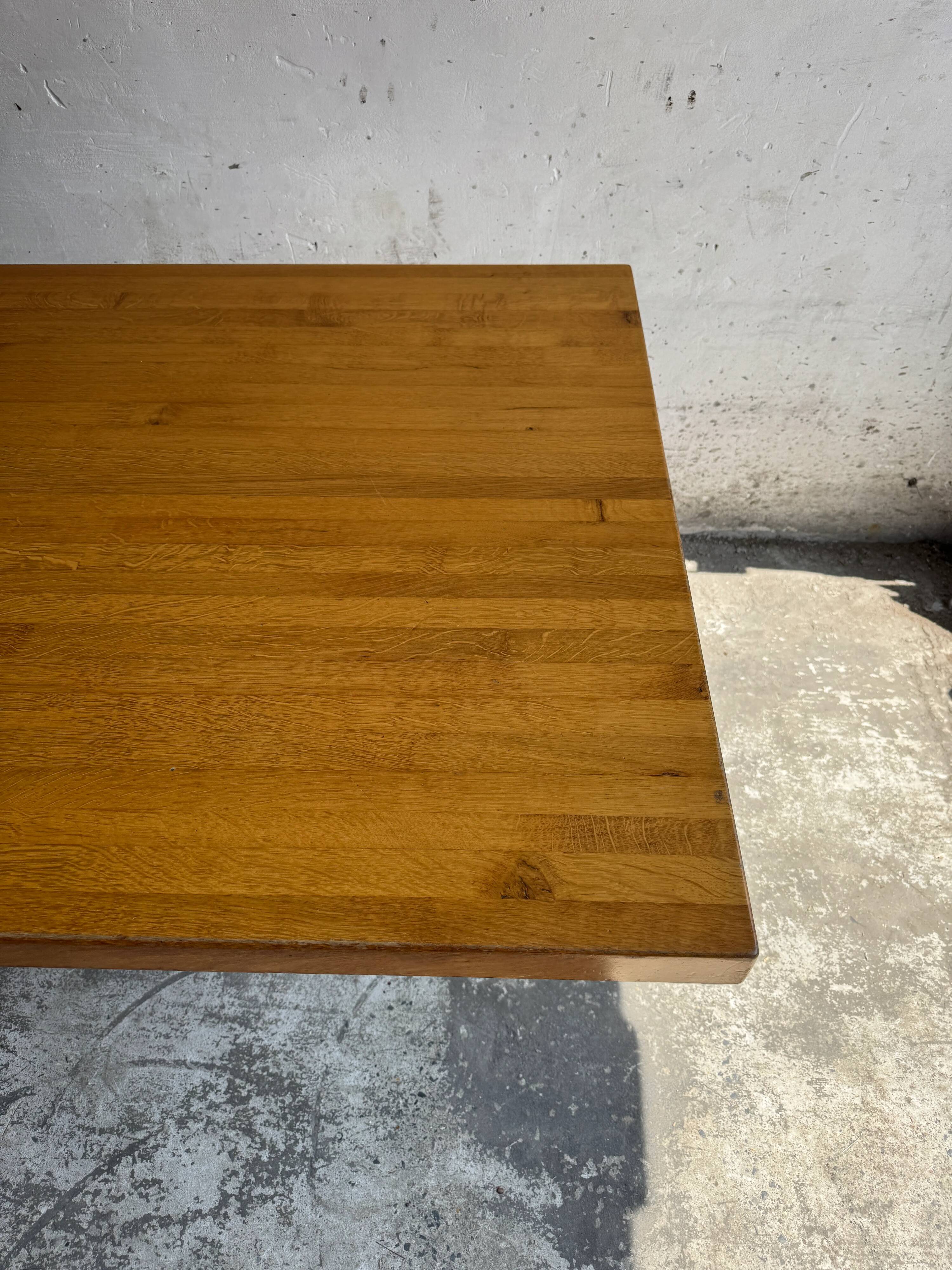 Geometric Brutalist Dining Table — Natural Wood Top with Metal Support, 1980s Architectural Design
