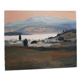 Oil on canvas mist over the mountains of Crete Greece