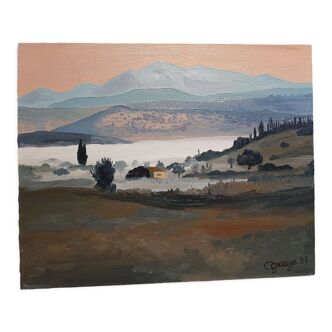 Oil on canvas mist over the mountains of Crete Greece