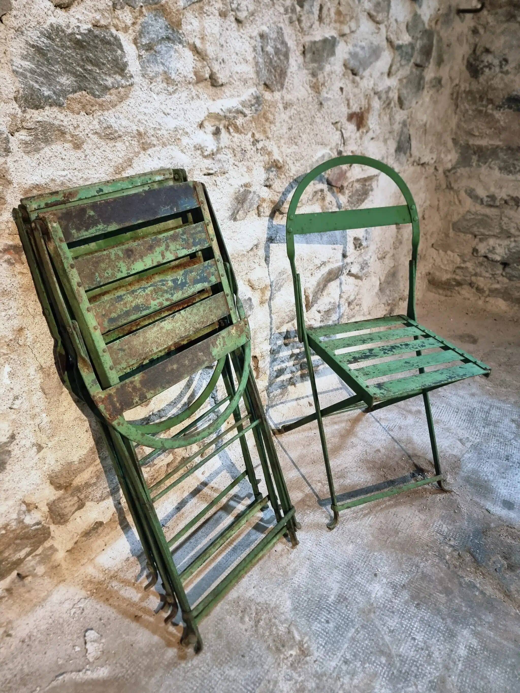 Set of 4 Antique Iron Folding Garden Chairs - 1920s Riveted Bistro Chairs with Aged Green Patina