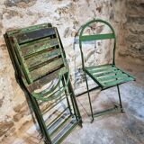 Set of 4 Antique Iron Folding Garden Chairs - 1920s Riveted Bistro Chairs with Aged Green Patina