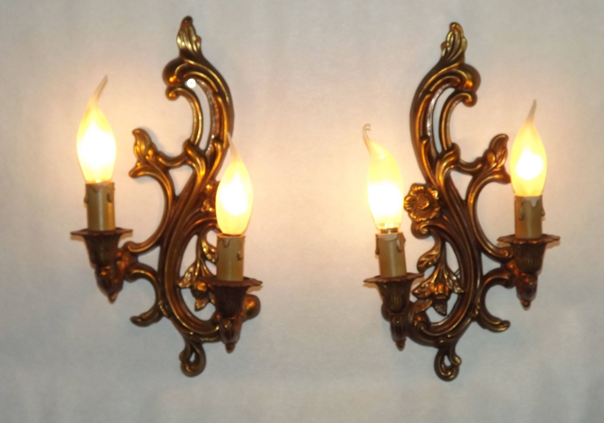 Pair Vintage French Bronze Double Wall Lights Acanthus Leaf & Flower Detail