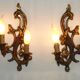 Pair Vintage French Bronze Double Wall Lights Acanthus Leaf & Flower Detail