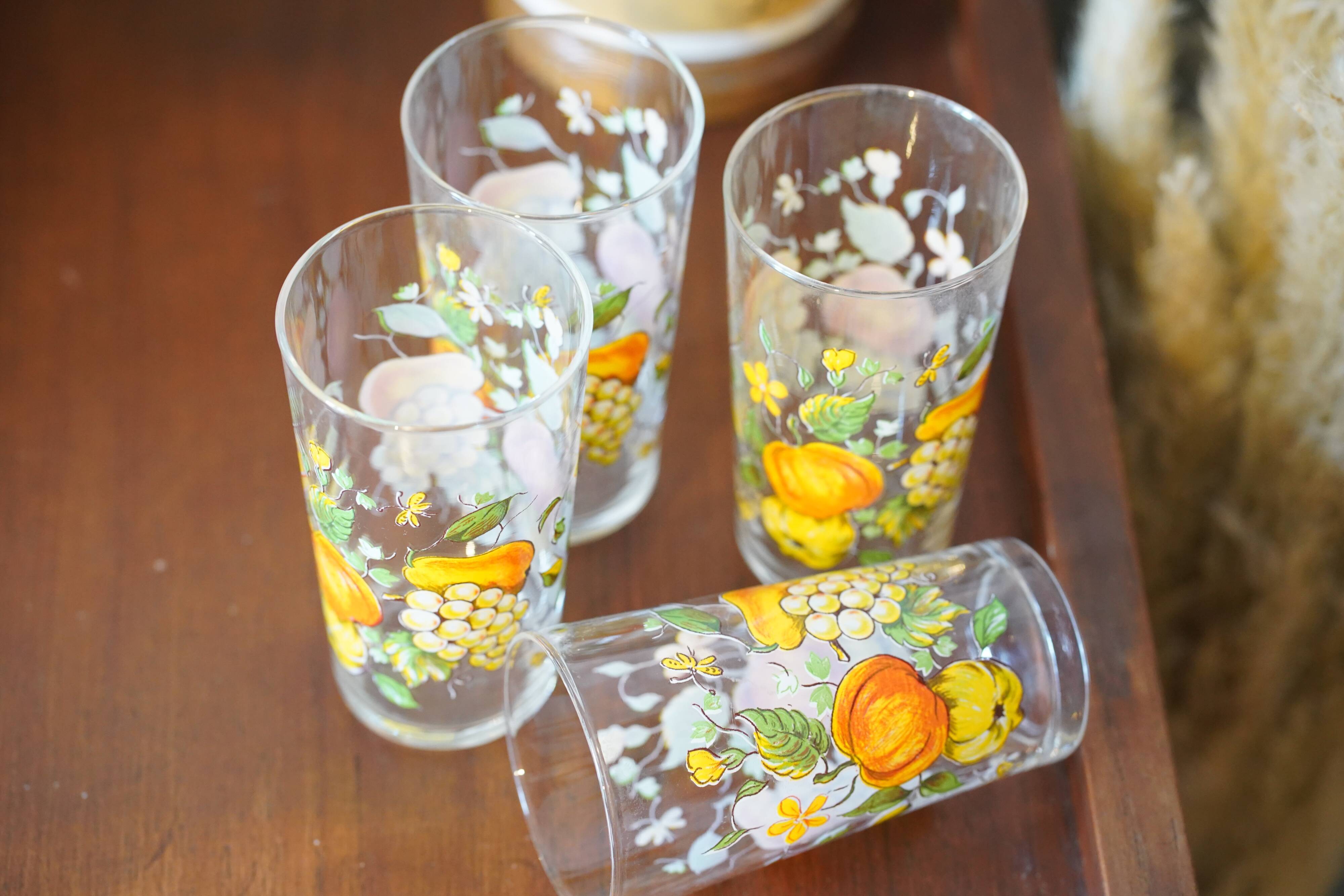 4 glasses, vintage syrup