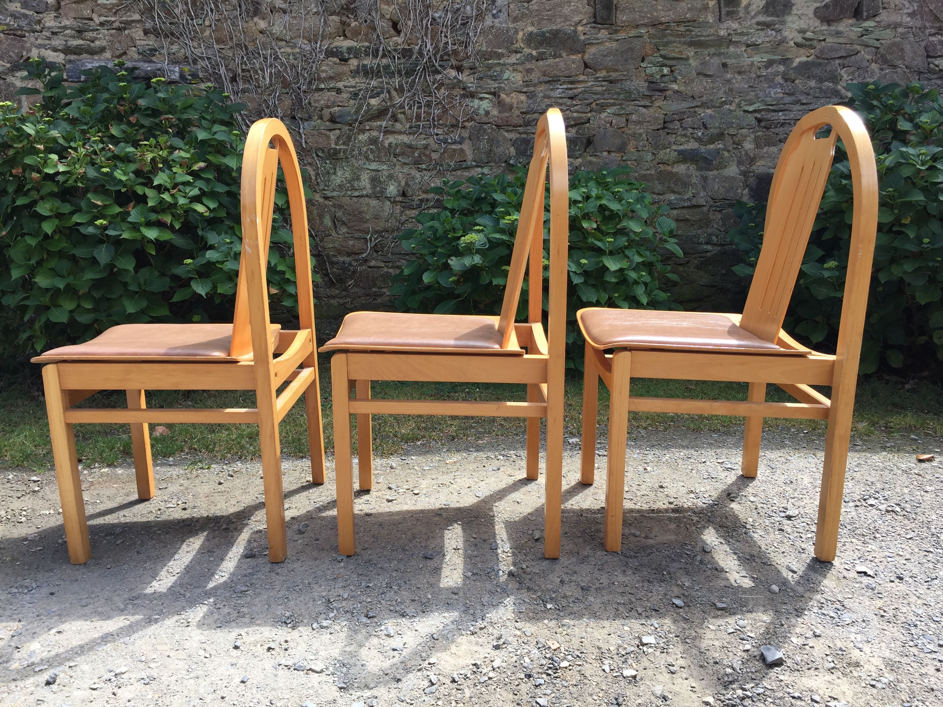 Vintage Baumann chairs in beech, seats in beige brown Skaï, series of 6.