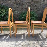 Vintage Baumann chairs in beech, seats in beige brown Skaï, series of 6.
