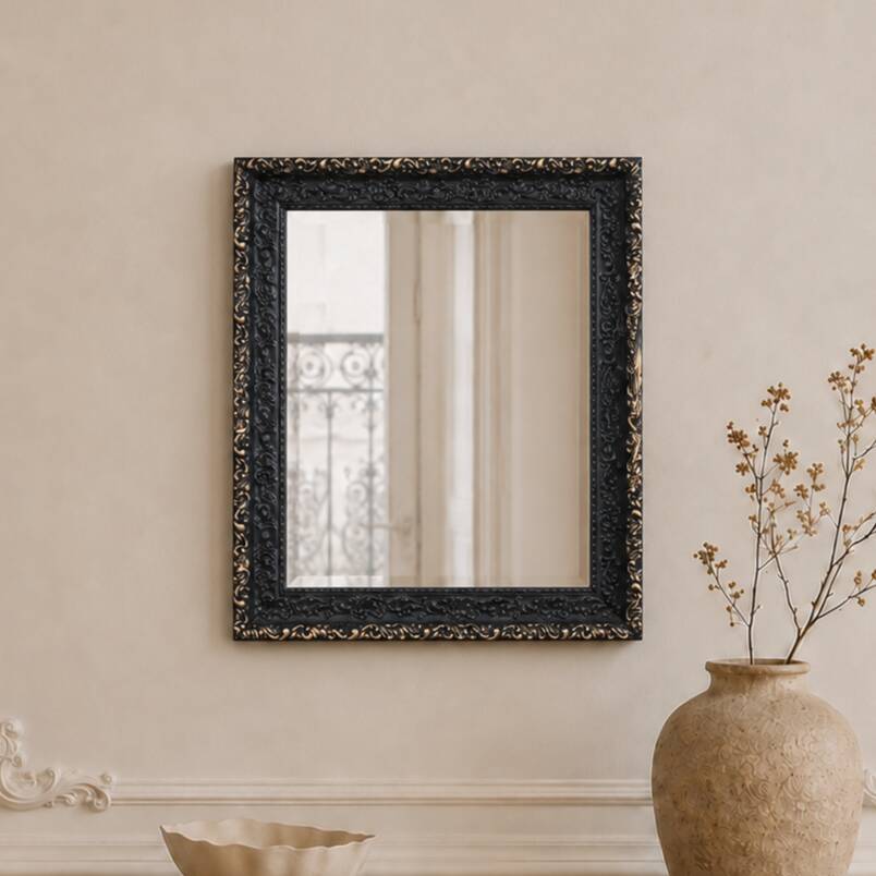 Vintage wooden and stucco mirror in patinated midnight blue with gold – baroque style – 51 ×