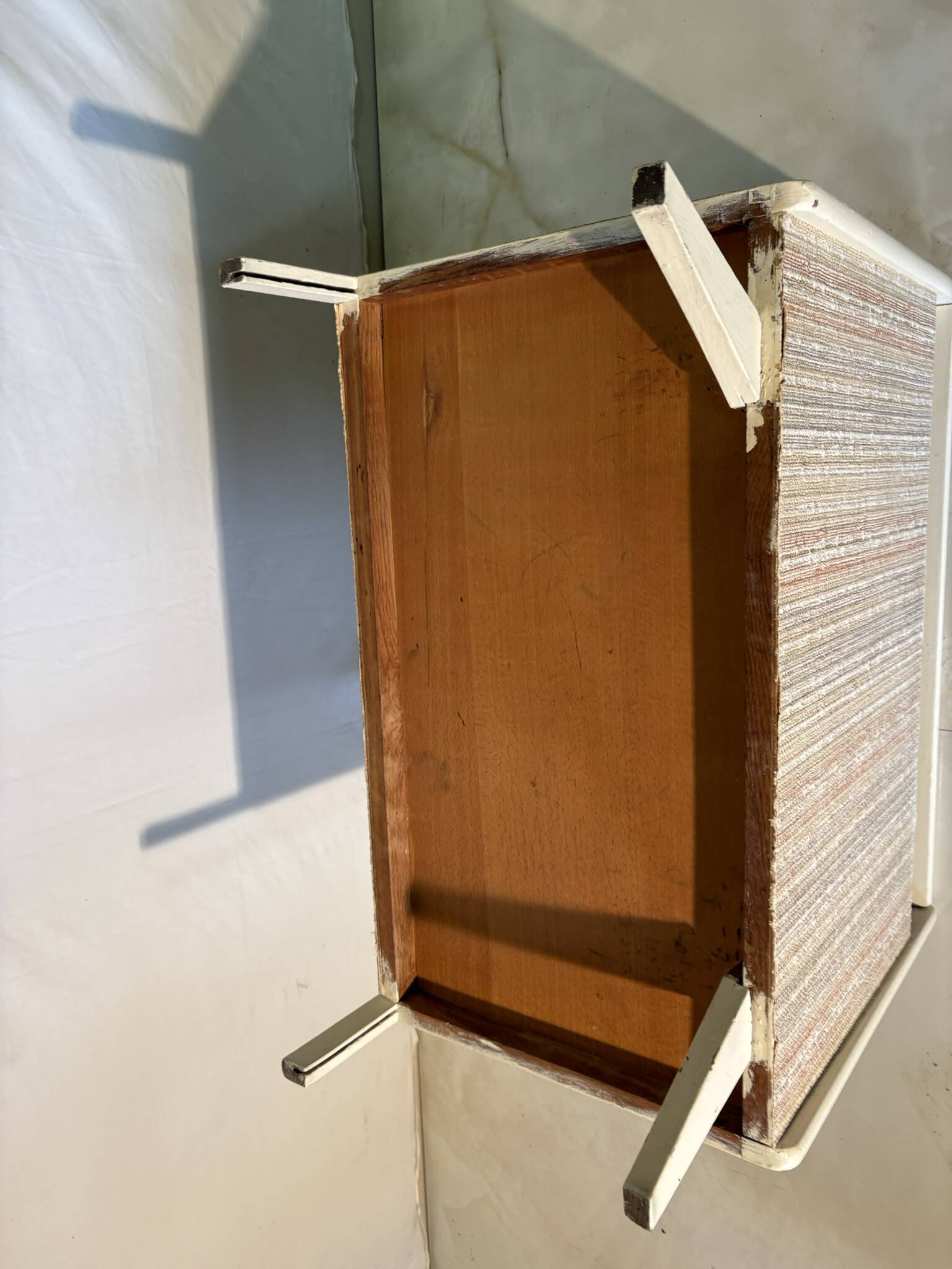 Vintage upholstered chest, white lacquered wooden structure, 1960s-70s