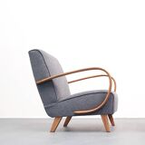 Jindrich Halabala armchair in curved wood, gray bouclette, 1930
