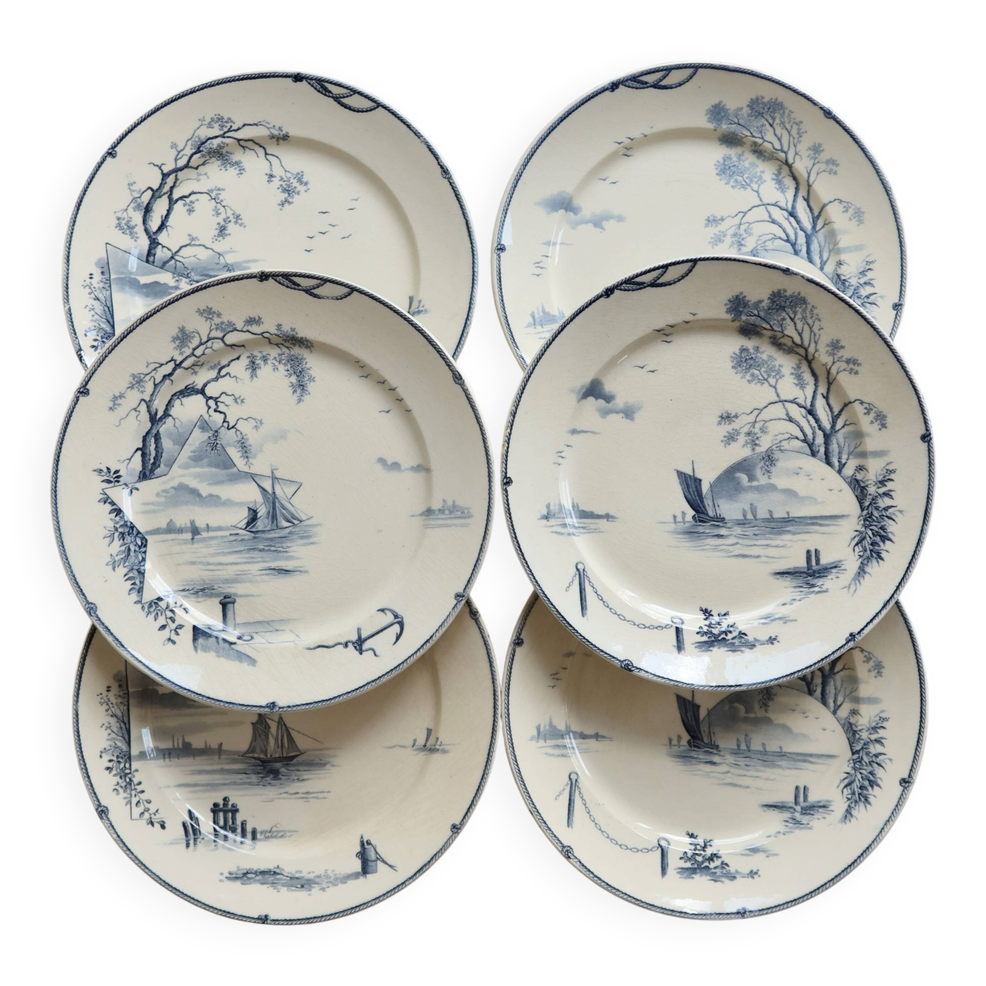 6 assiettes plates antiques Gien modèle Marines 1875