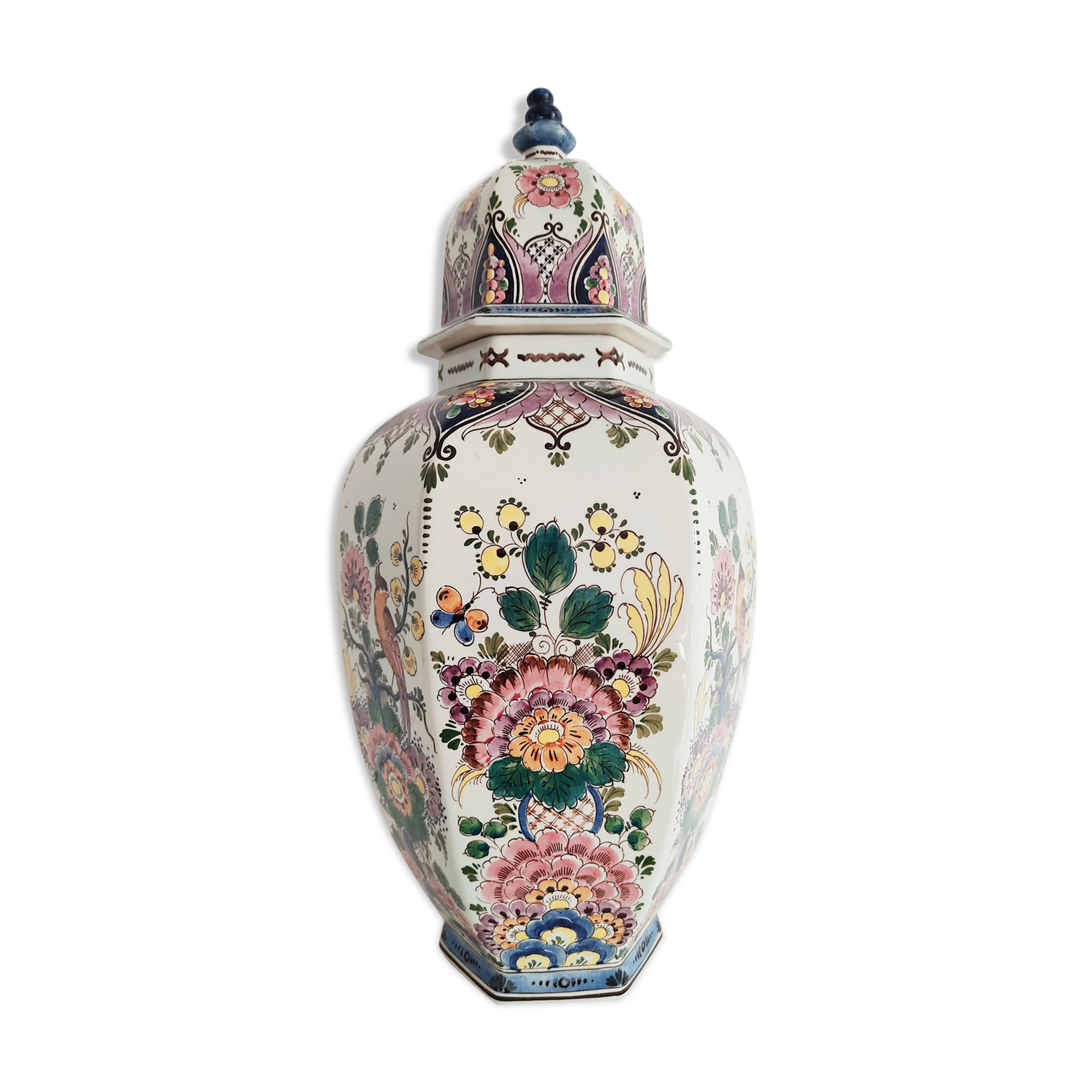 Delft potiche vase polychrome parakeets decoration