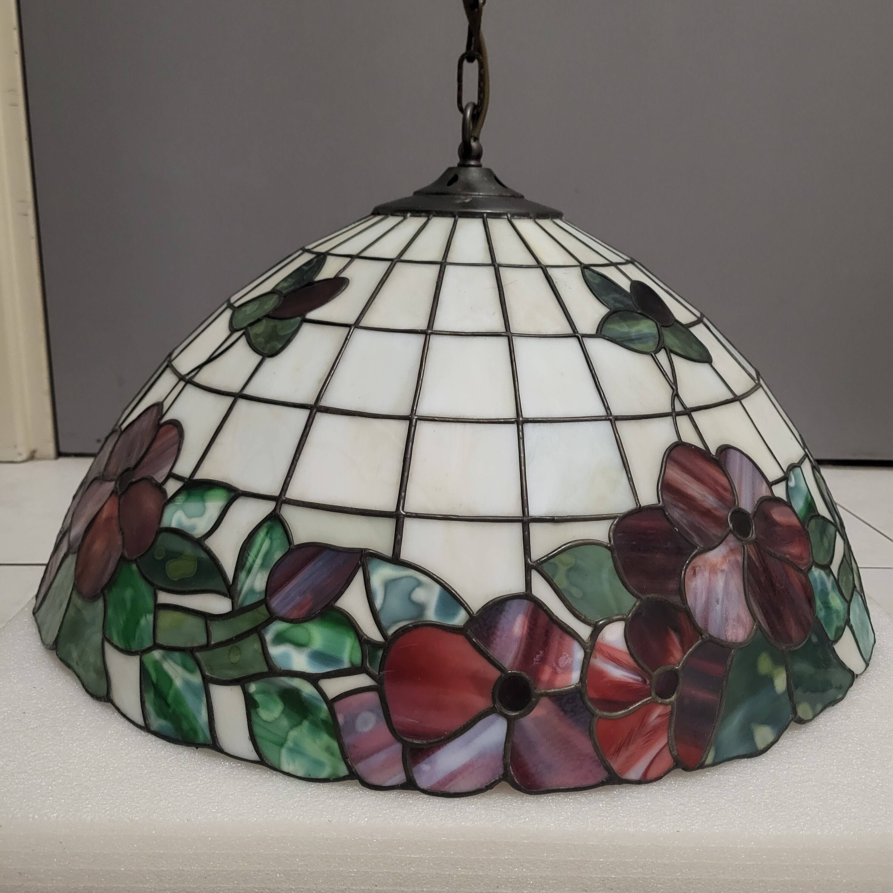 Large Tiffany pendant light in coloured glass