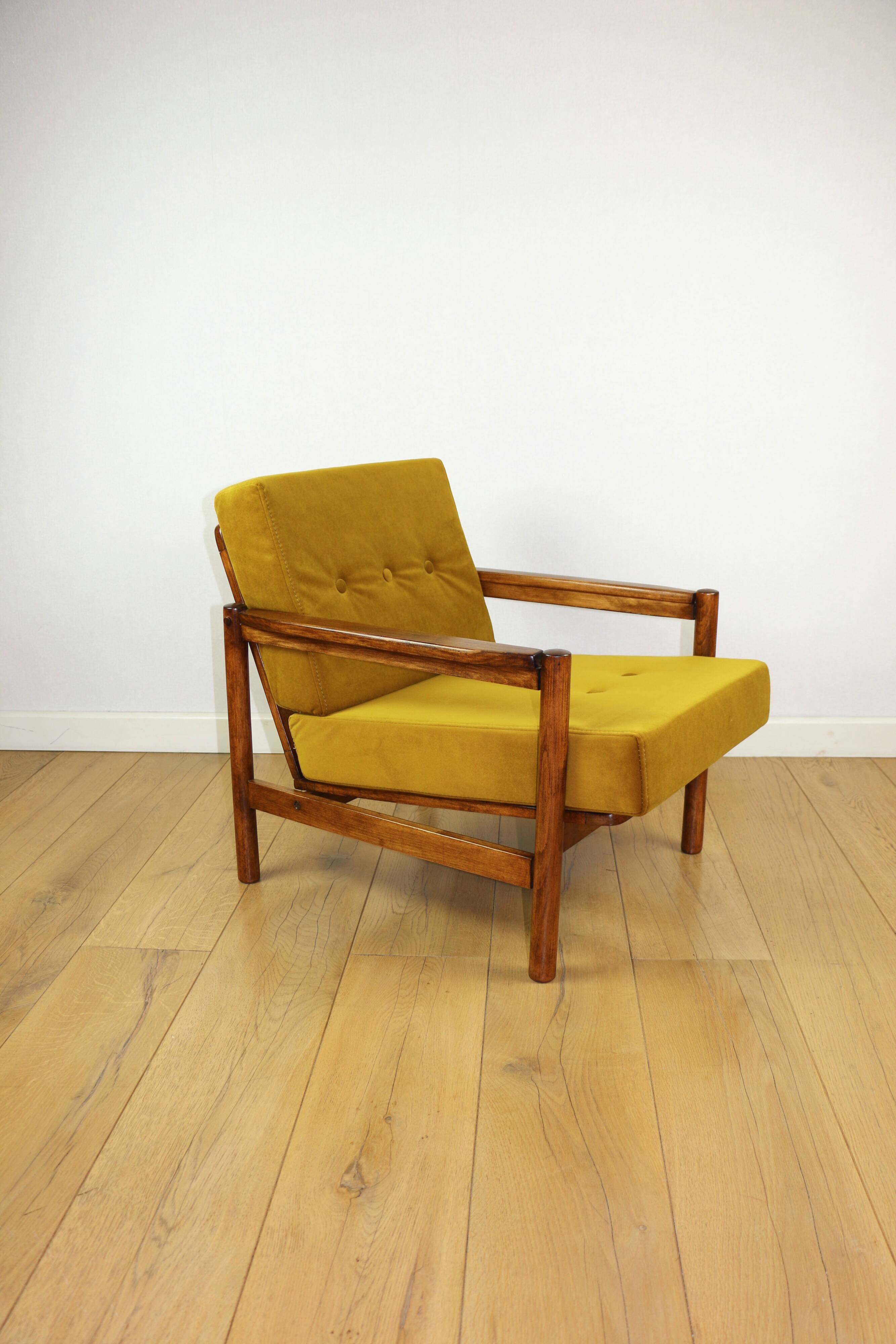 Wooden armchair designed by Z. Baczyk brown vintage yellow-olive